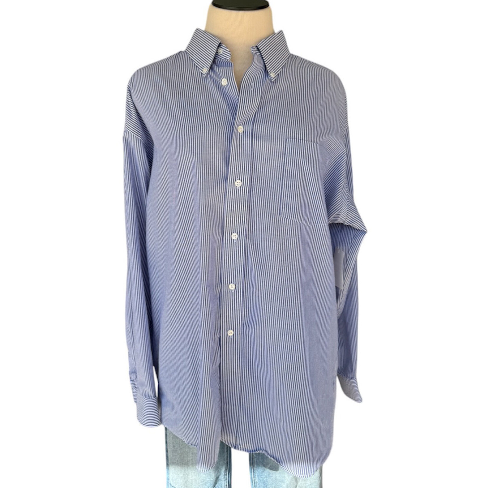 Blue Pinstriped Button Up Dress Shirt Size XL-RF