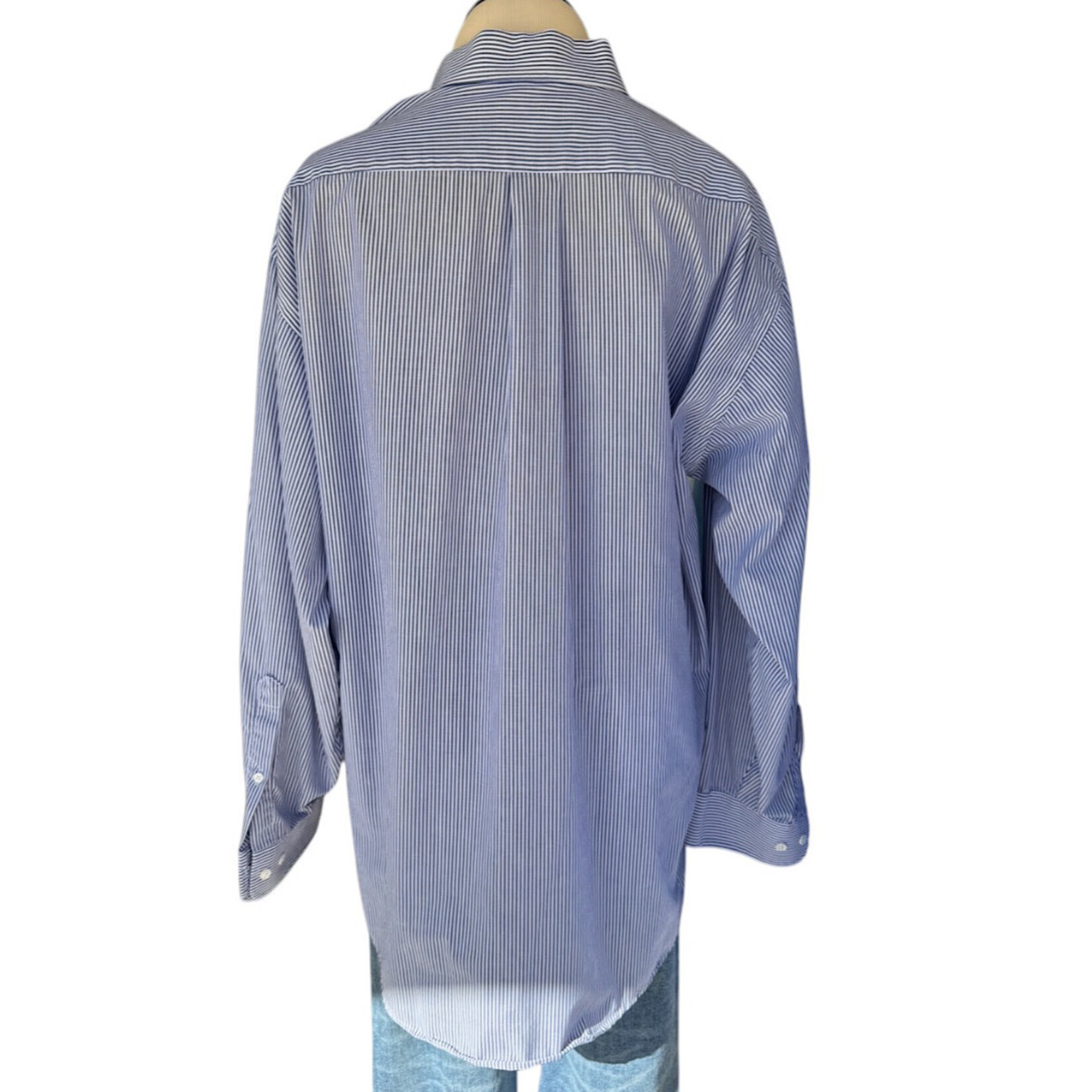 Blue Pinstriped Button Up Dress Shirt Size XL-RF