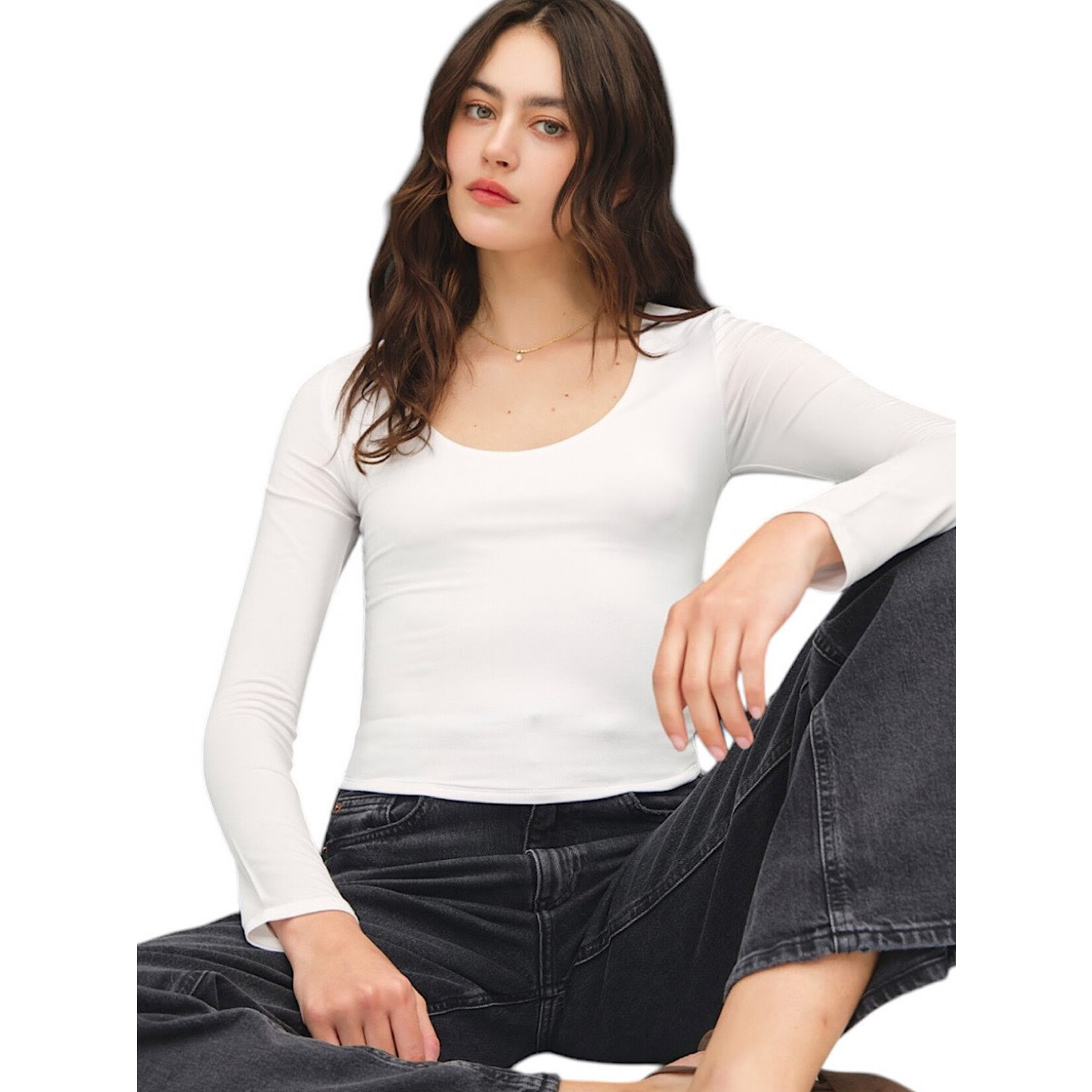 Off White Long Sleeve Scoop Neck Basic Knit Top