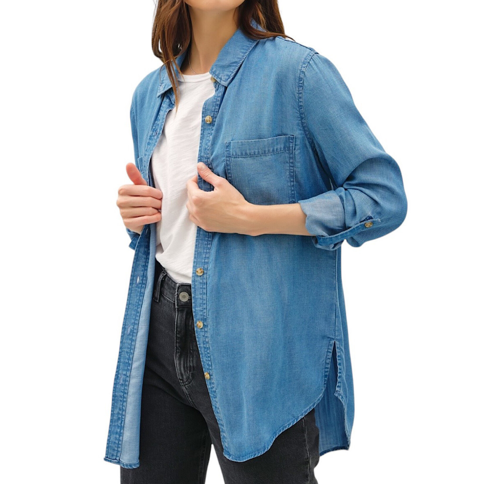 Medium Wash Denim Oversized  Tencel Button Up
