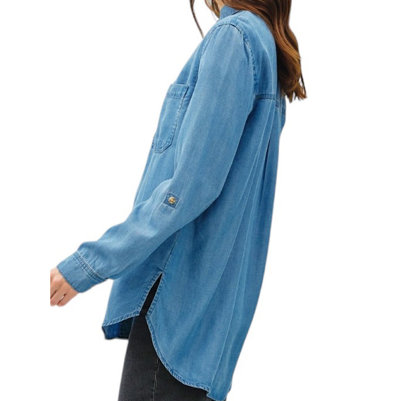 Medium Wash Denim Oversized  Tencel Button Up