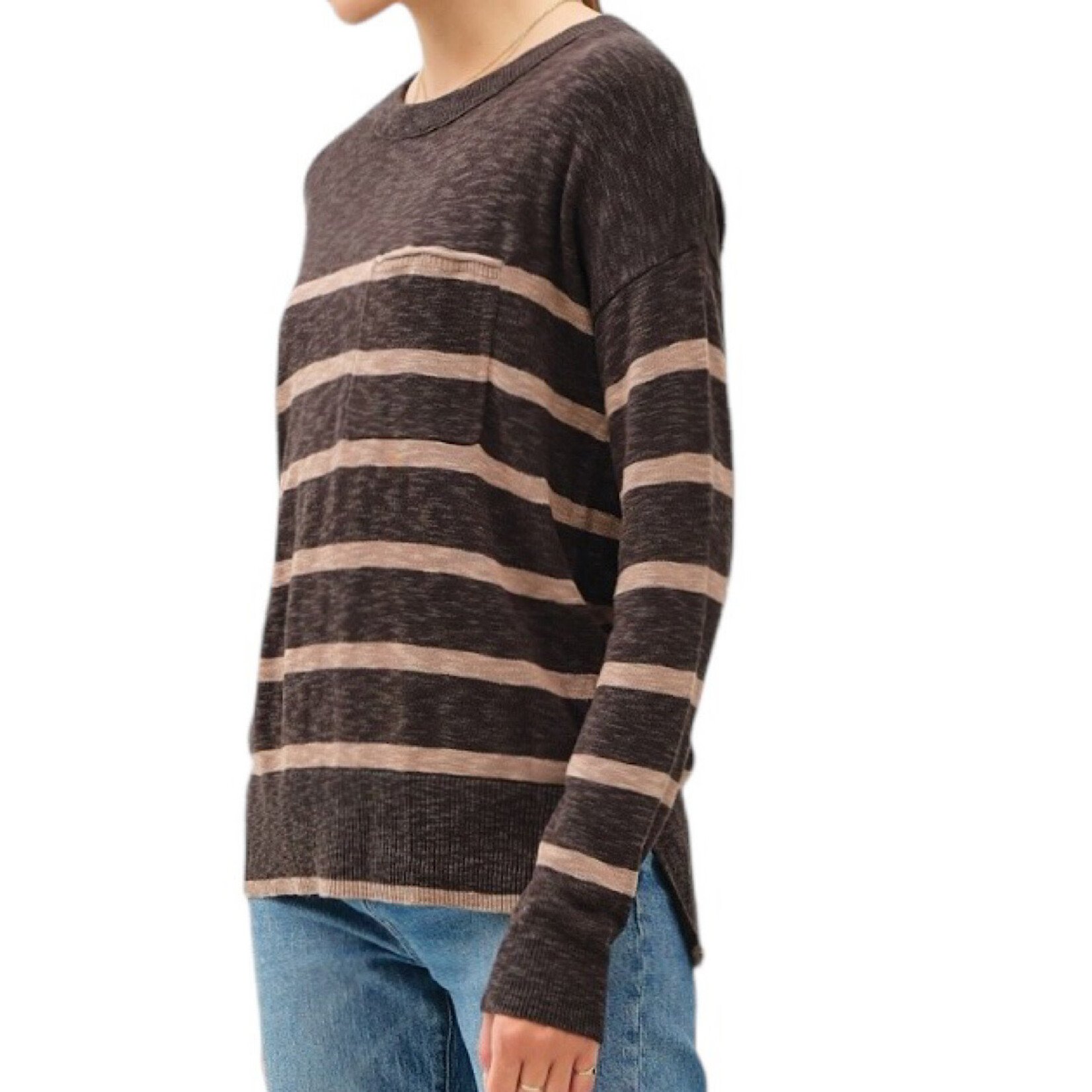 Charcoal Striped Slub Yarn Round Neck Sweater