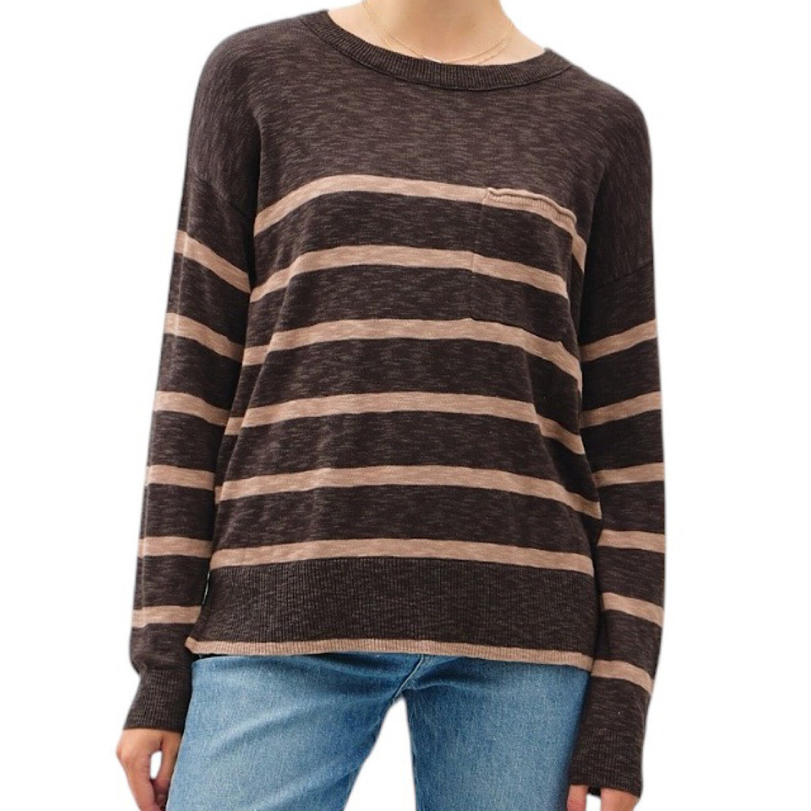 Charcoal Striped Slub Yarn Round Neck Sweater