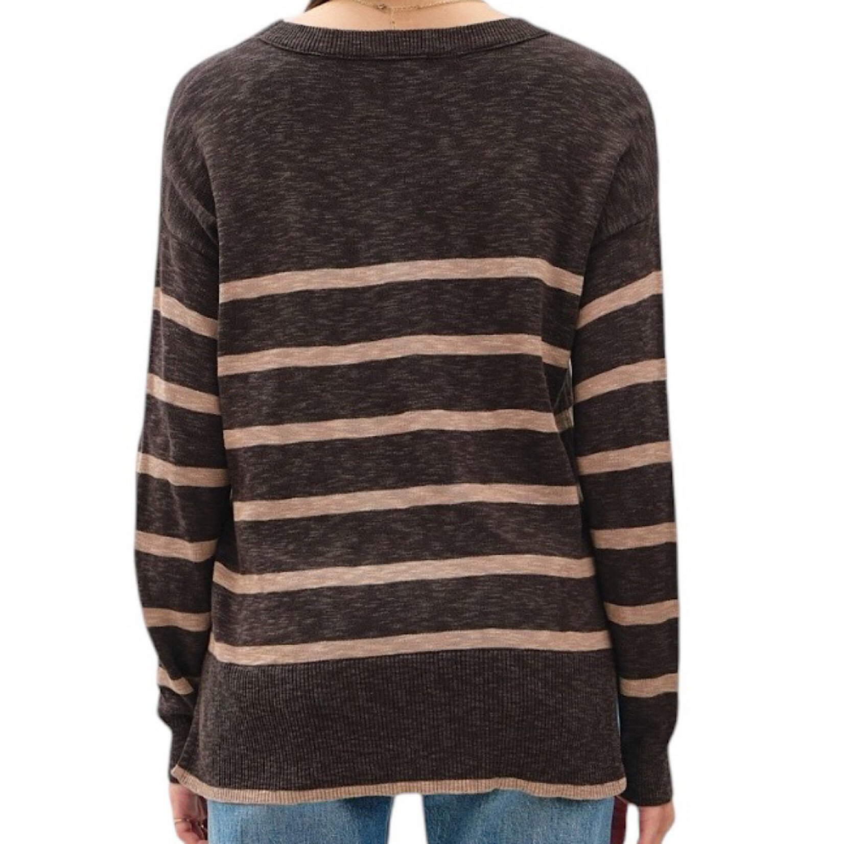 Charcoal Striped Slub Yarn Round Neck Sweater