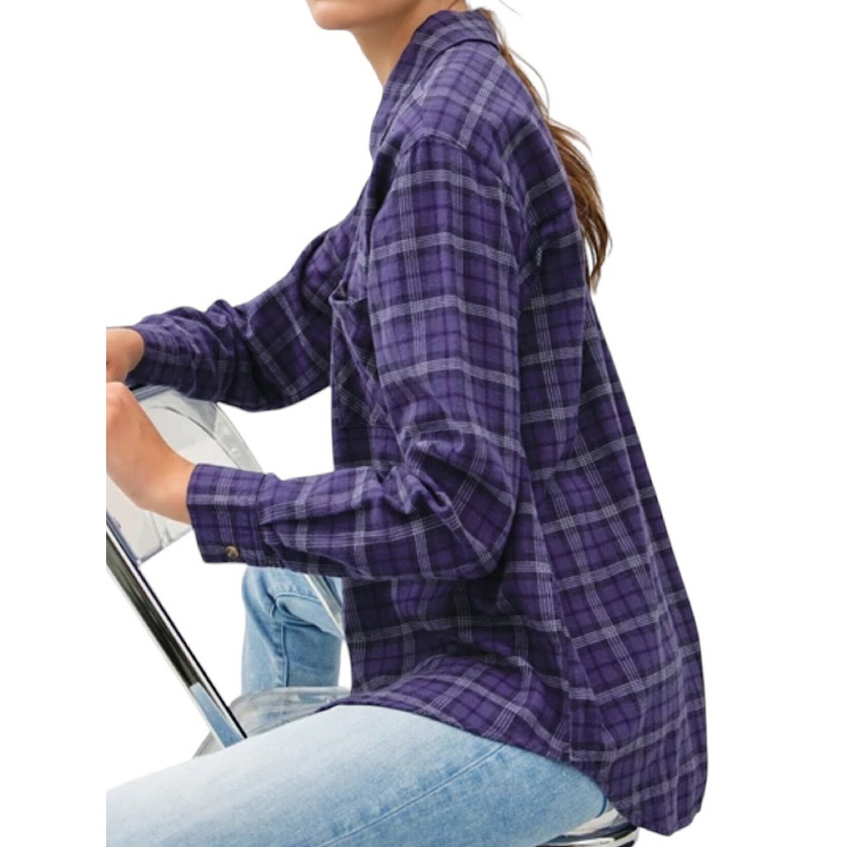 Navy Oversized Flannel with Drop Shoulder and Pocket