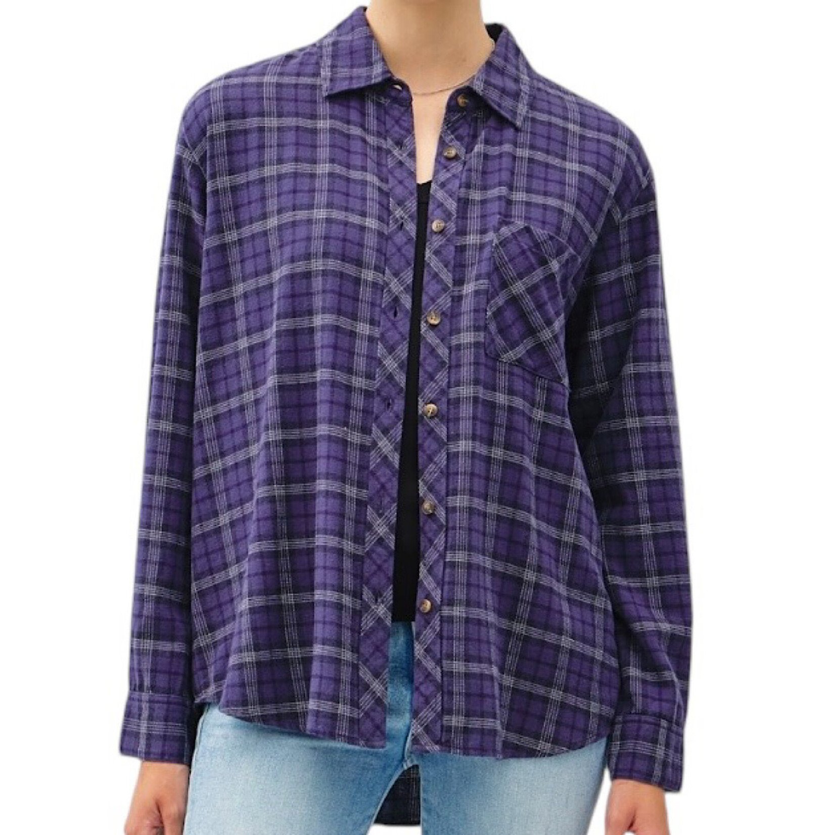 Navy Oversized Flannel with Drop Shoulder and Pocket