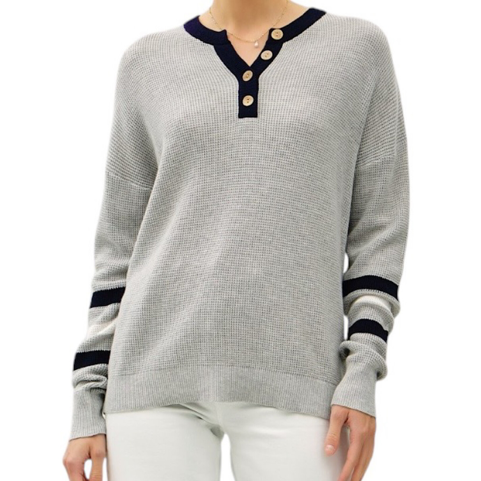 Navy Multi Toned Waffle Knit Henley Sweater