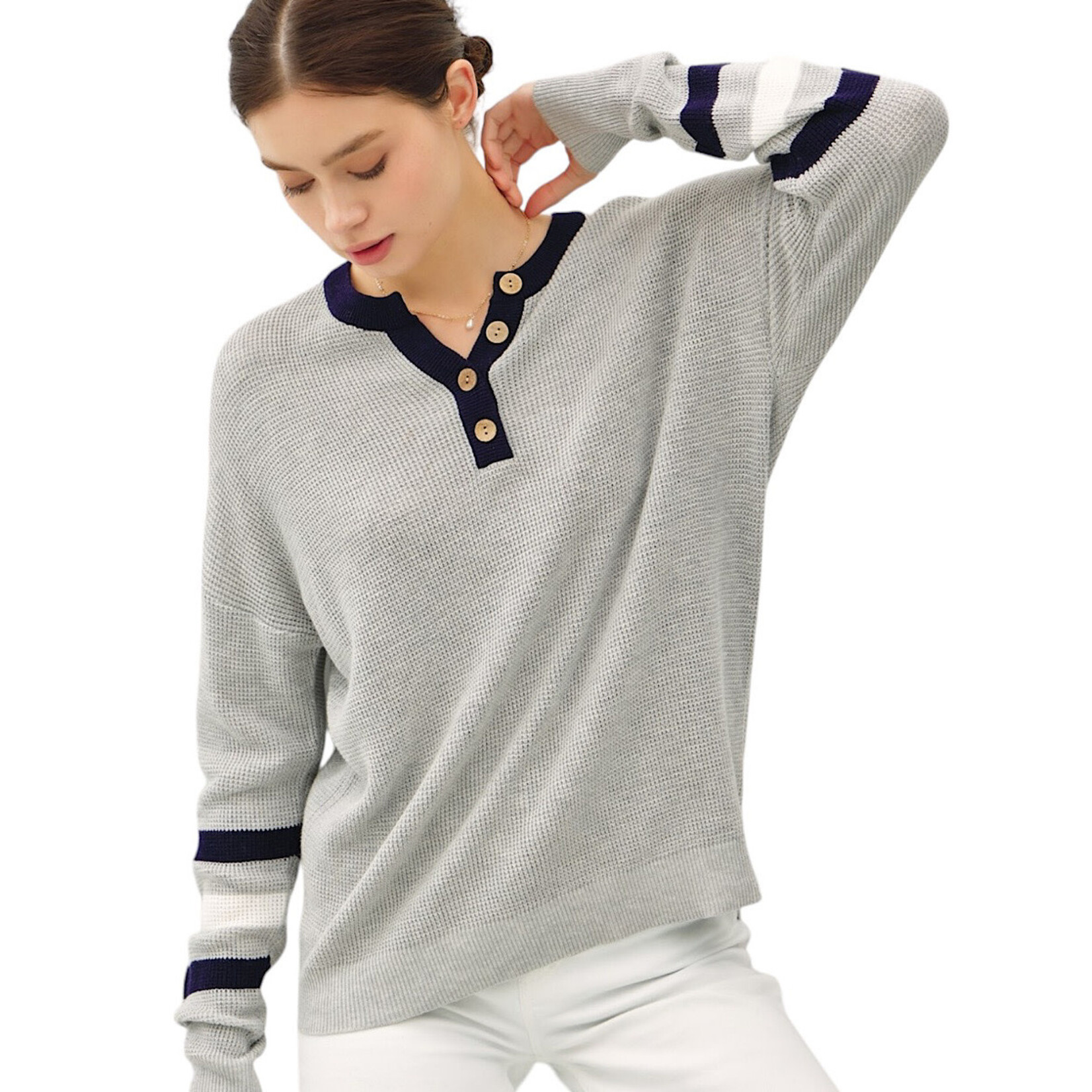 Navy Multi Toned Waffle Knit Henley Sweater