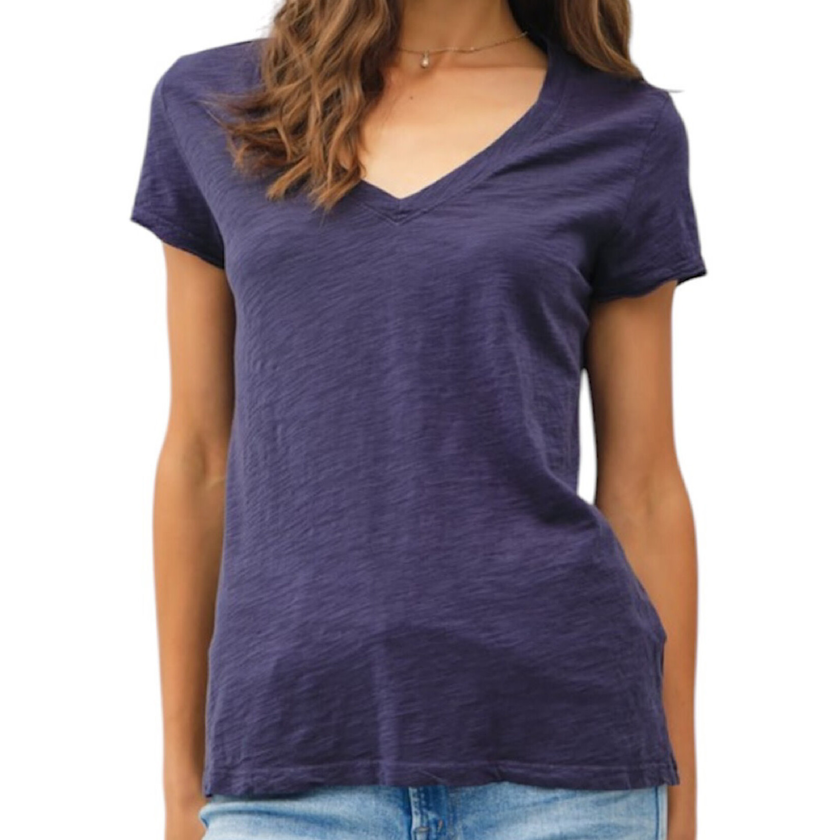 New Navy Classic V-Neck Tee with Raw Trim Sleeves