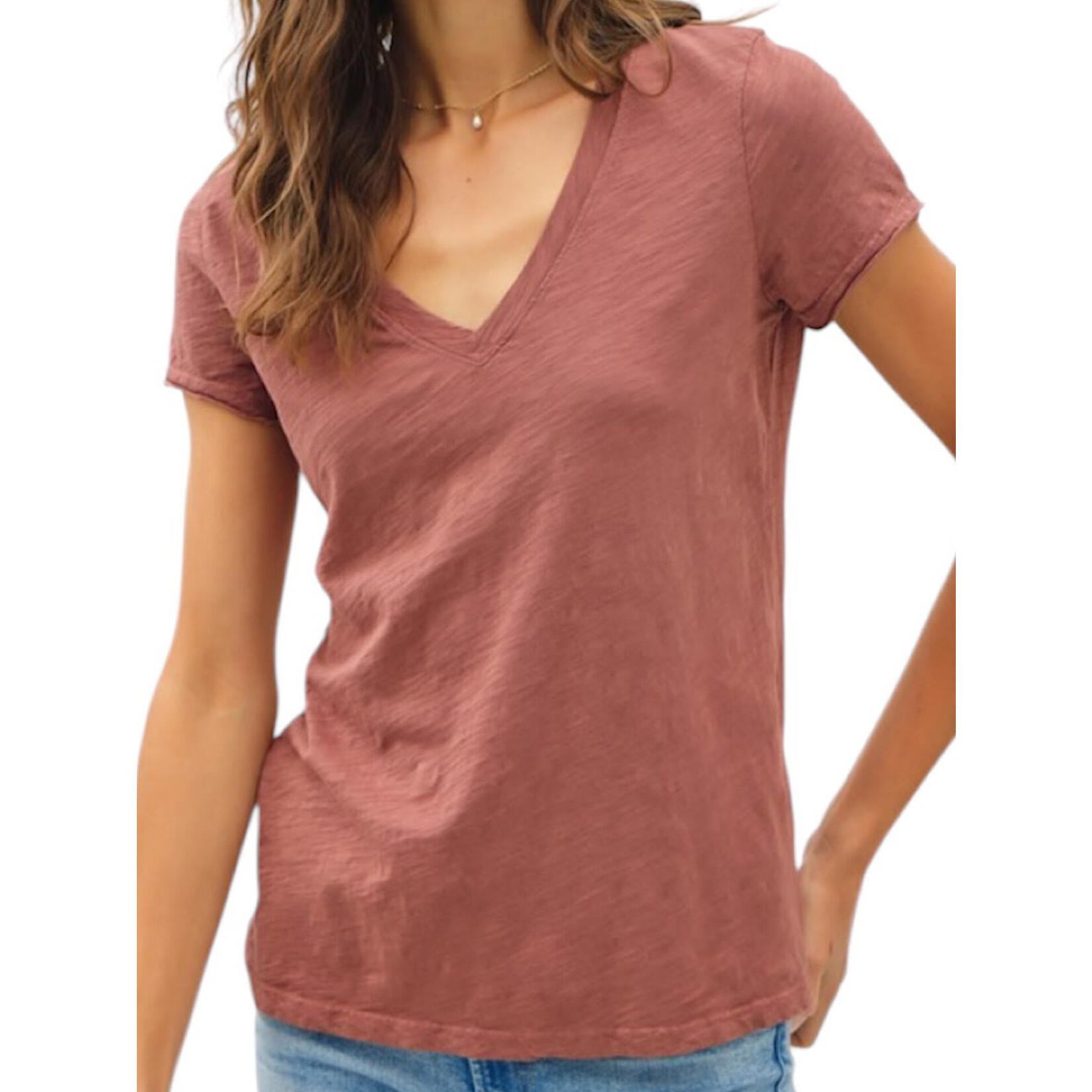 Marsala Classic V-Neck Tee with Raw Trim Sleeves