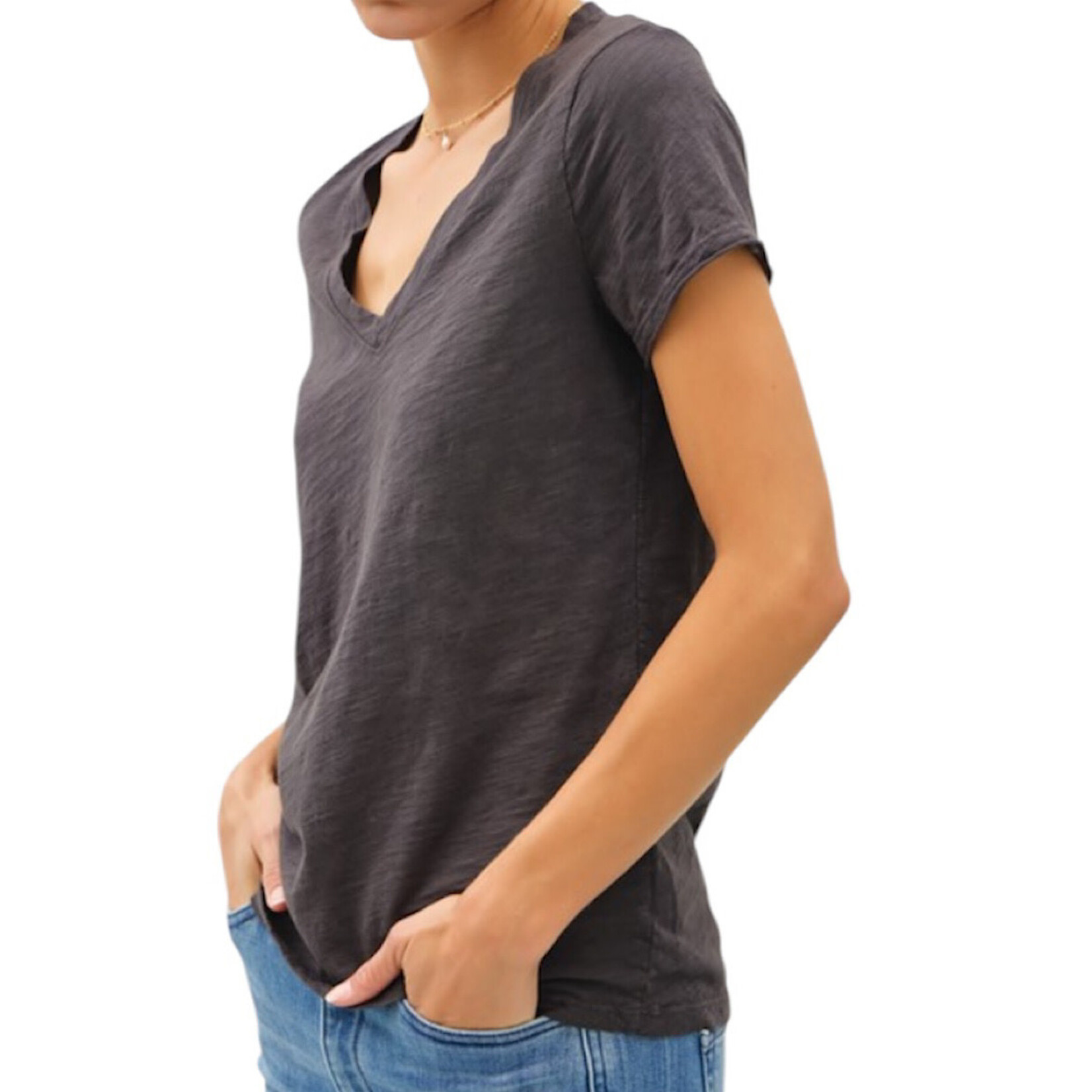 Charcoal Classic V-Neck Tee with Raw Trim Sleeves