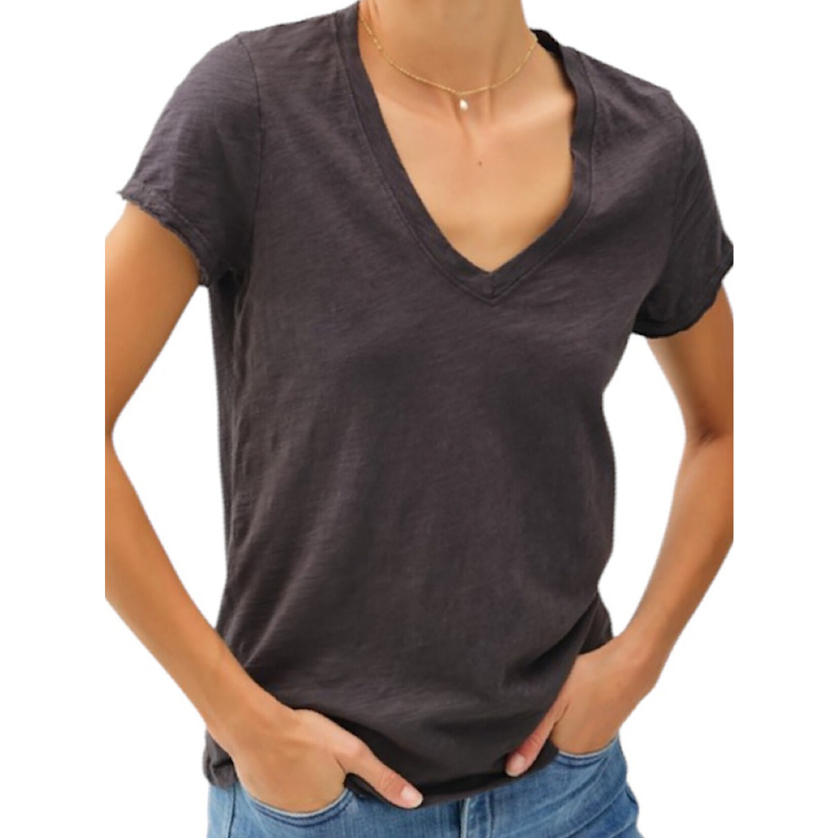 Charcoal Classic V-Neck Tee with Raw Trim Sleeves