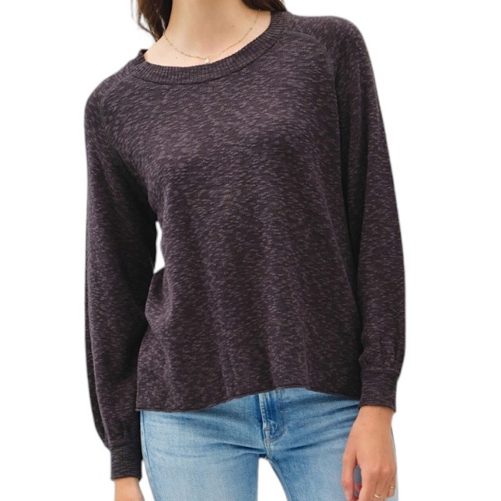 Charcoal Raglan Sweater with Ribbed Neckline 3/4 Sleeve