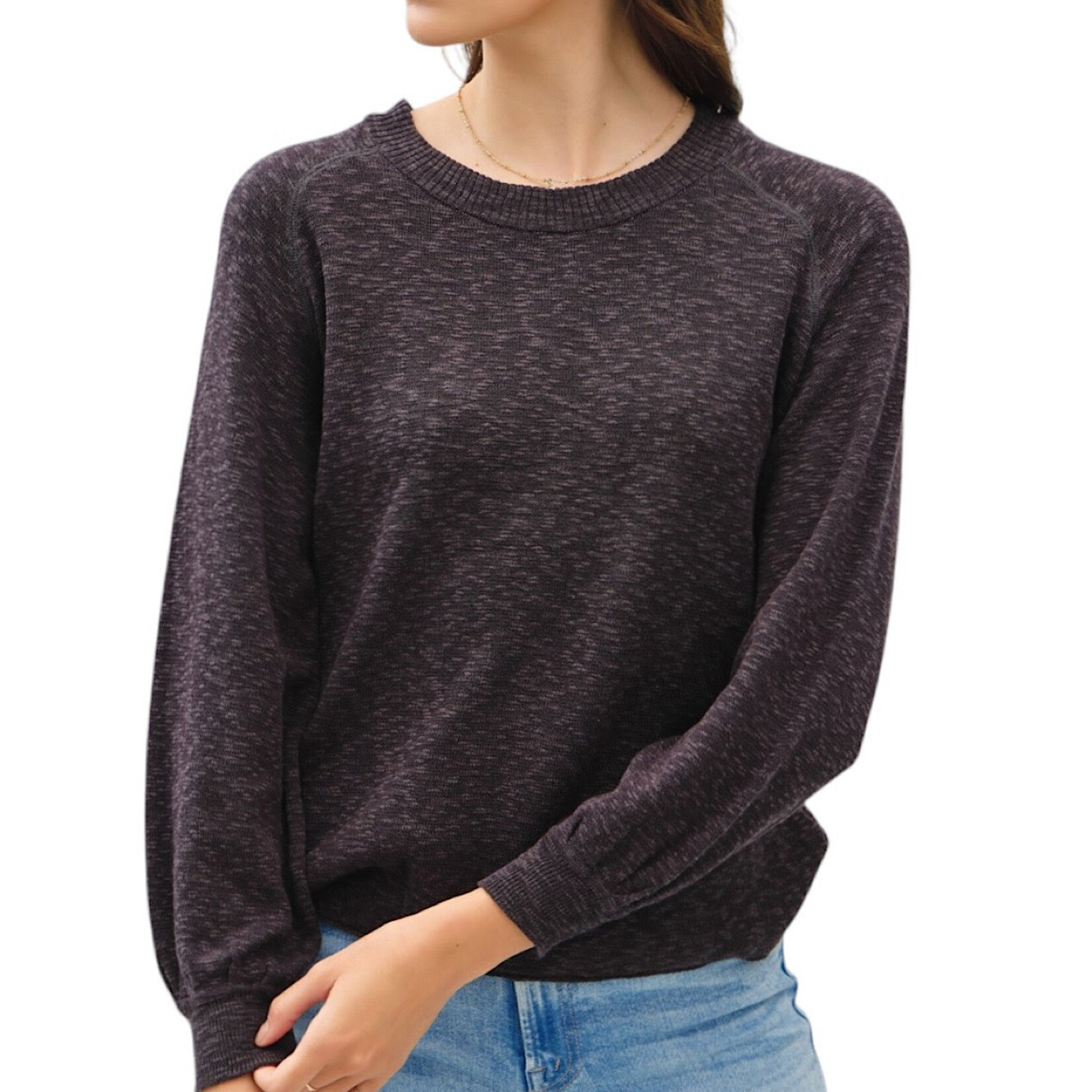 Charcoal Raglan Sweater with Ribbed Neckline 3/4 Sleeve