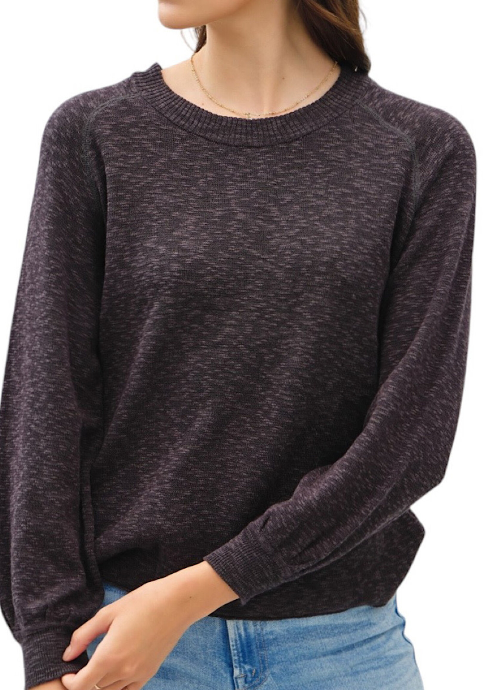 Charcoal Raglan Sweater with Ribbed Neckline 3/4 Sleeve