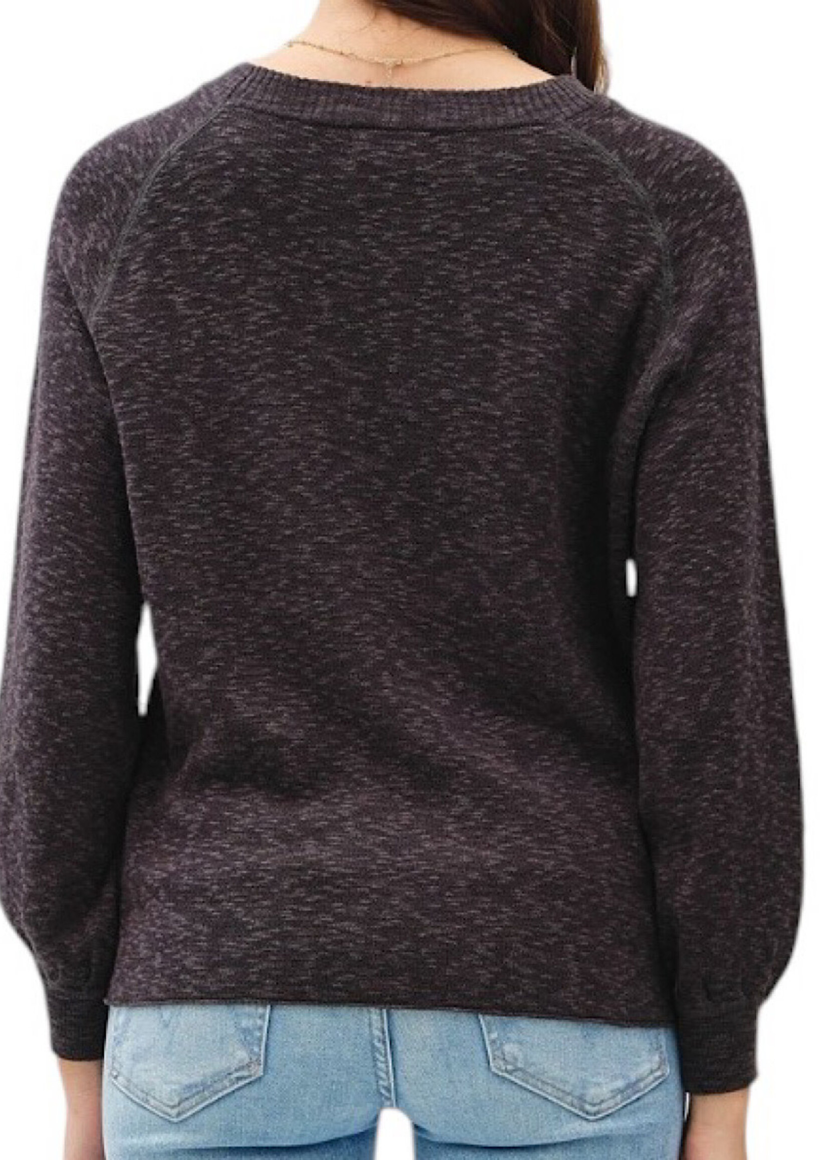 Charcoal Raglan Sweater with Ribbed Neckline 3/4 Sleeve