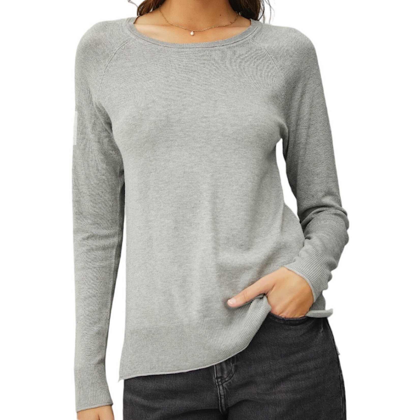 Heather Grey Lightweight Round Neck Sweater with Side Slits