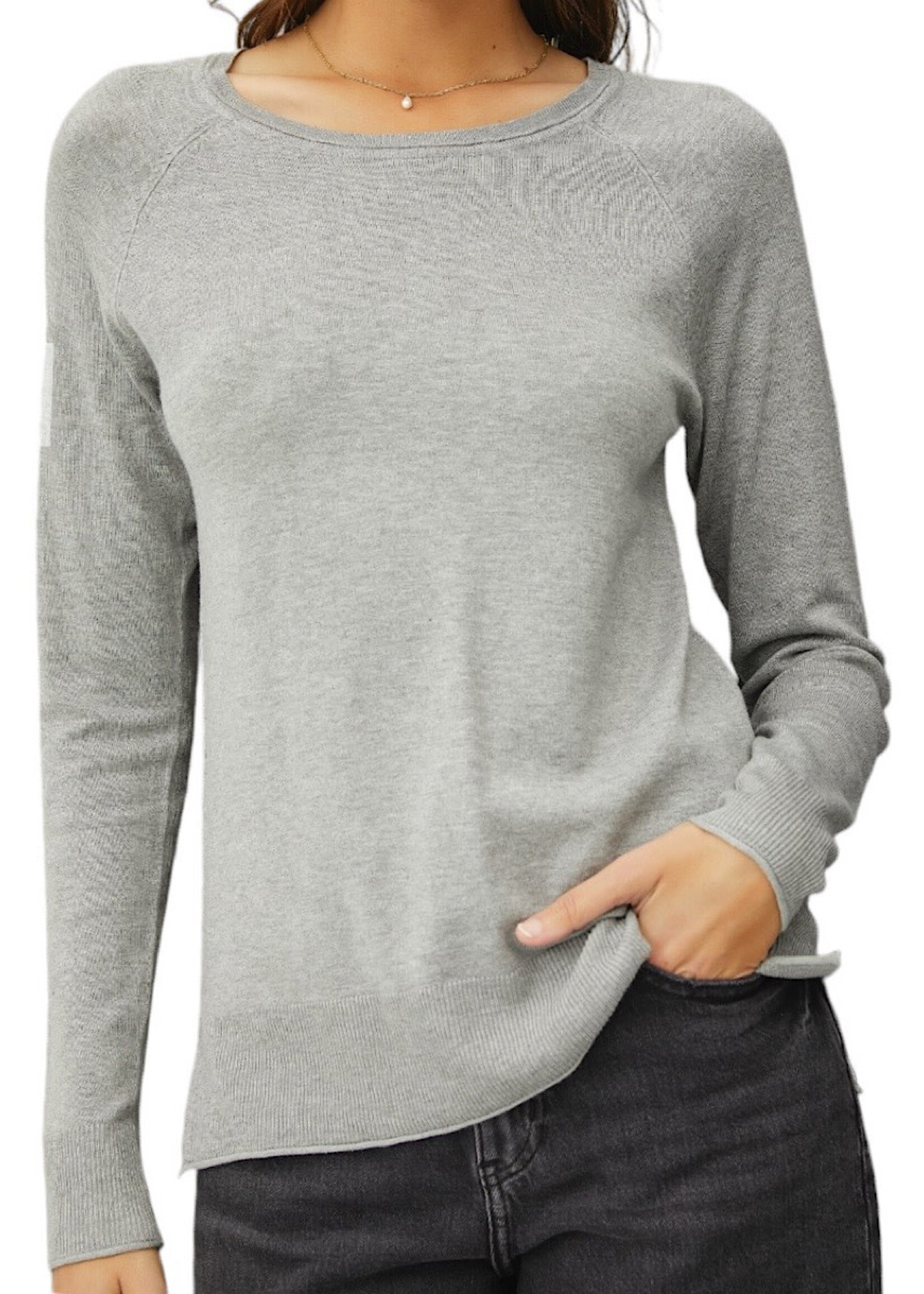 Heather Grey Lightweight Round Neck Sweater with Side Slits