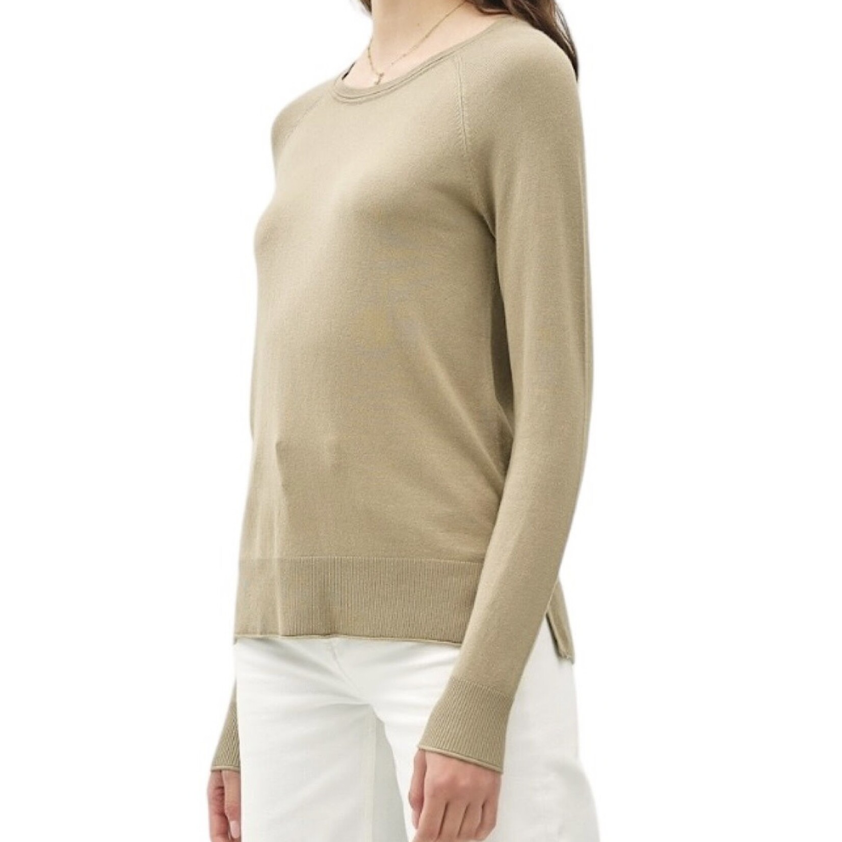 Khaki Lightweight Round Neck Sweater with Side Slits