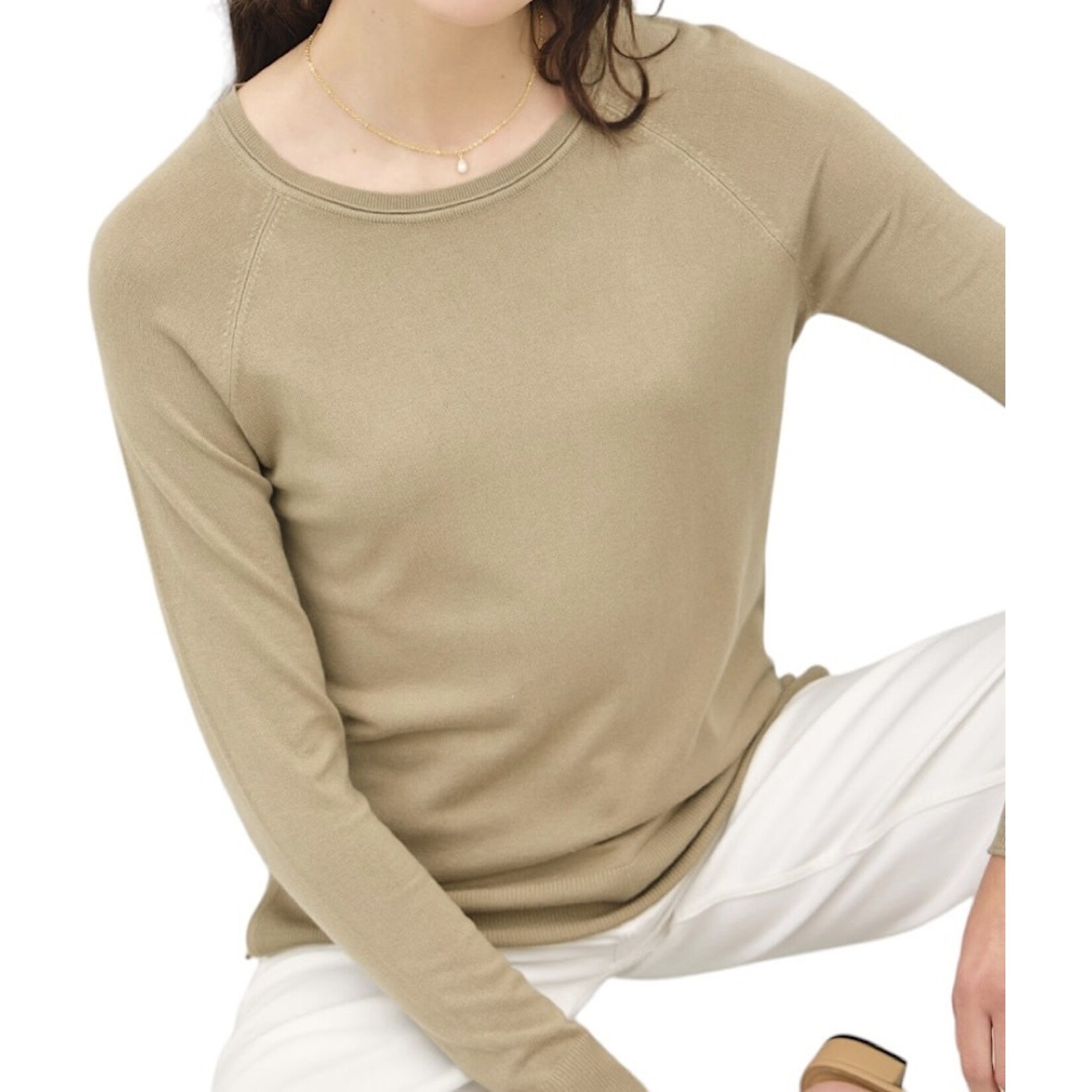 Khaki Lightweight Round Neck Sweater with Side Slits