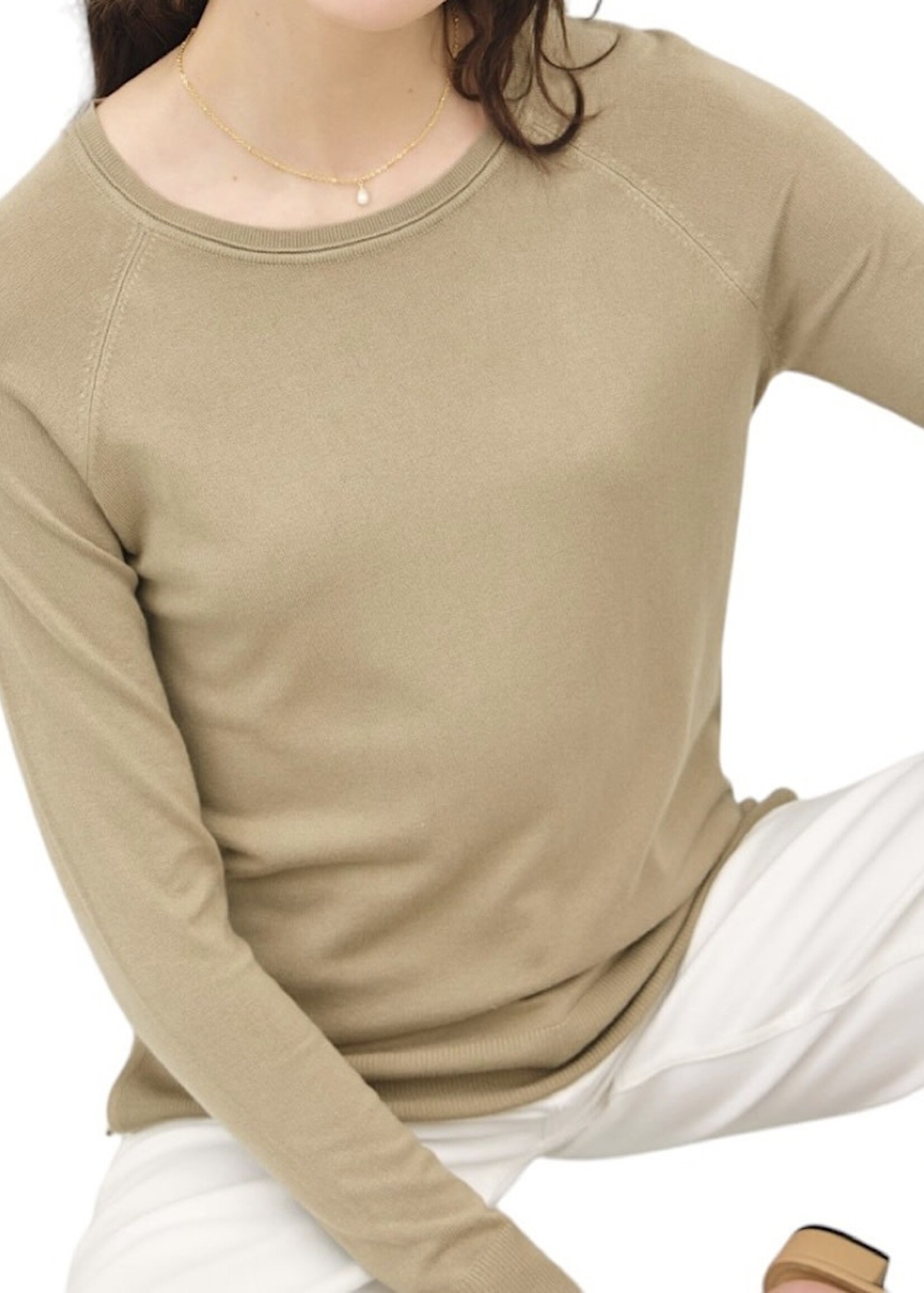 Khaki Lightweight Round Neck Sweater with Side Slits