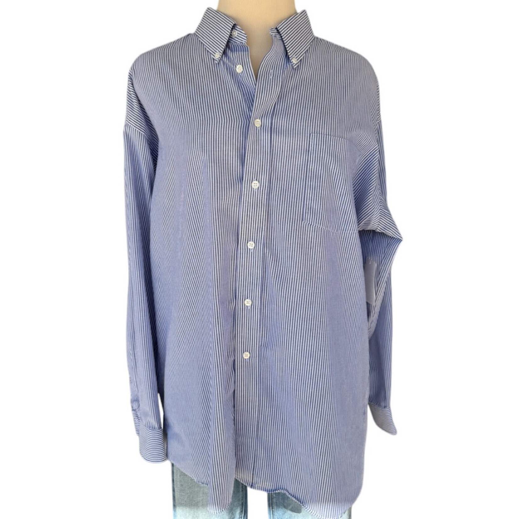 Blue Striped Button Down Dress Shirt Size XL-RF