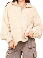 Ecru Fuzzy Fleece Cable Pattern Henley Top