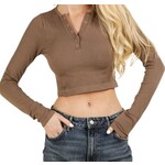 Mocha Casual Fitted Crop Henley Knit Top