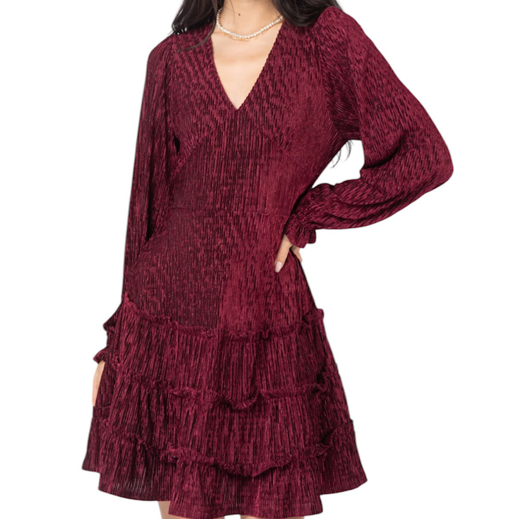 Wine V-Neck Textured Velvet Mini Dress
