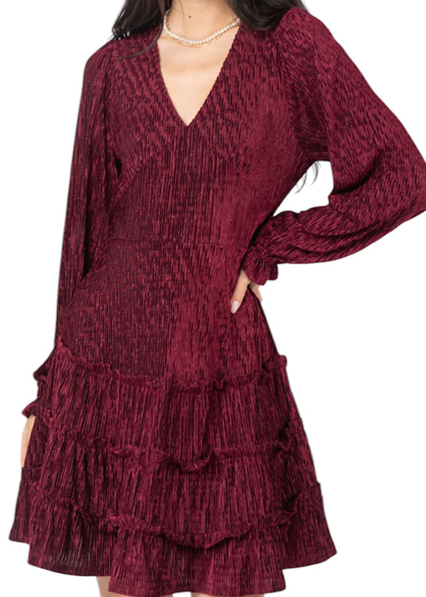 Wine V-Neck Textured Velvet Mini Dress