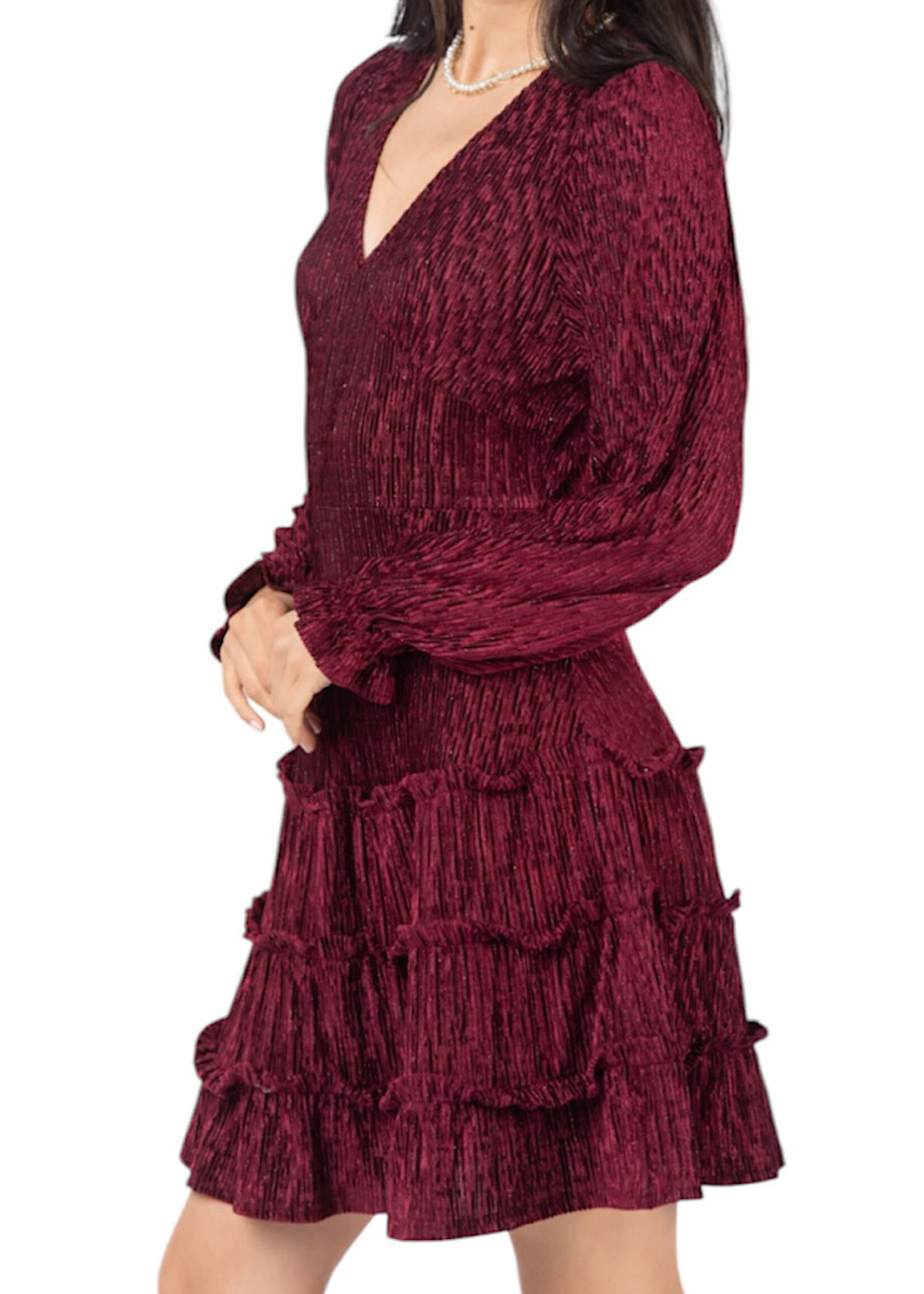Wine V-Neck Textured Velvet Mini Dress