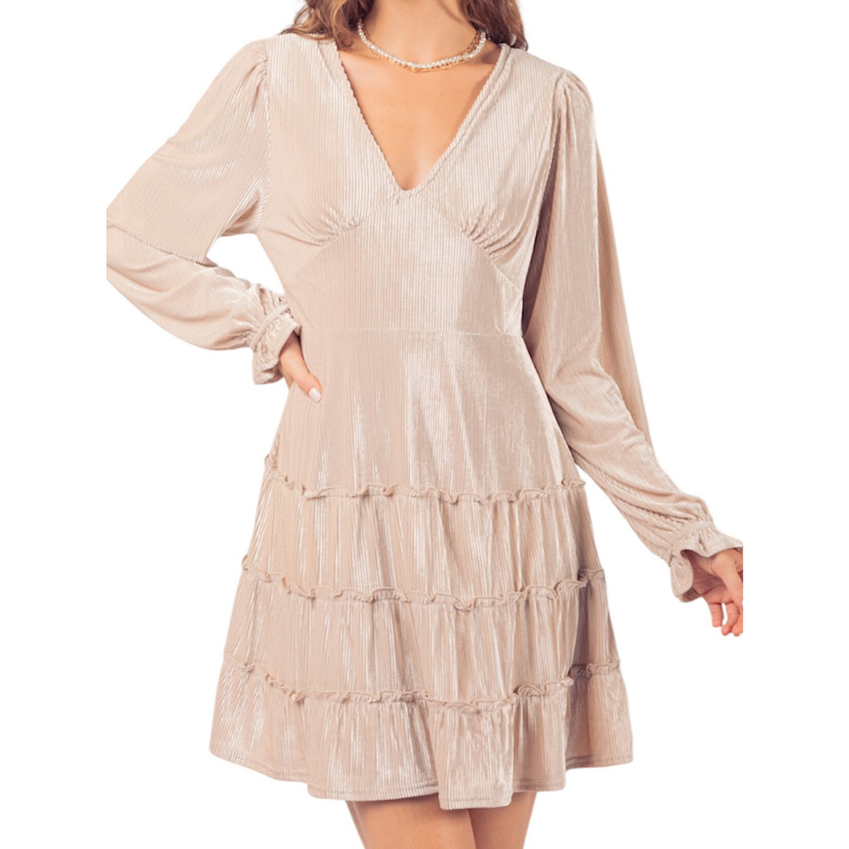 Champagne V-Neck Textured Velvet Mini Dress