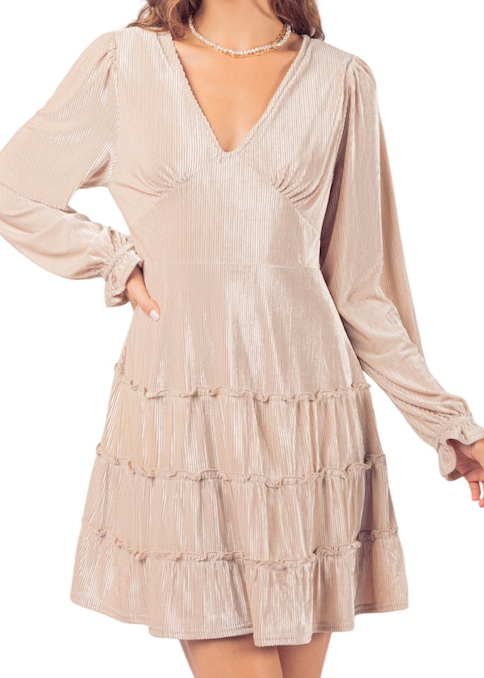Champagne V-Neck Textured Velvet Mini Dress
