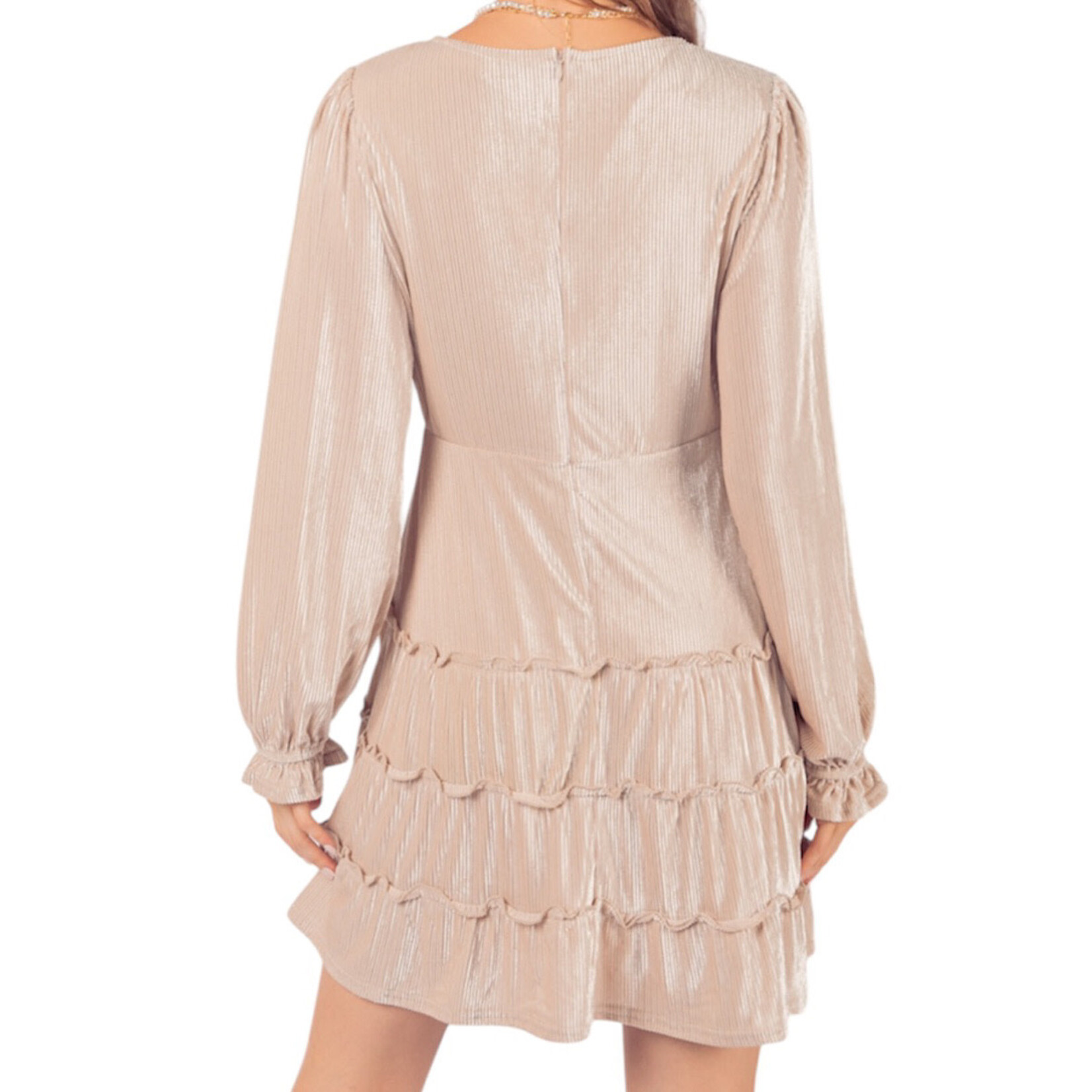 Champagne V-Neck Textured Velvet Mini Dress