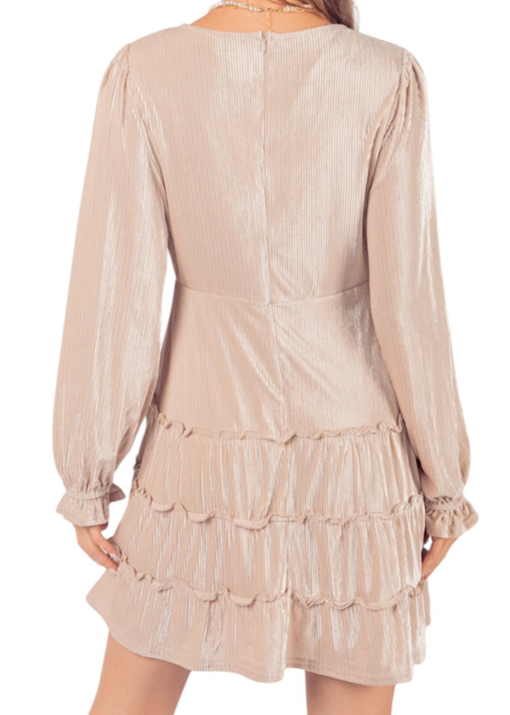 Champagne V-Neck Textured Velvet Mini Dress