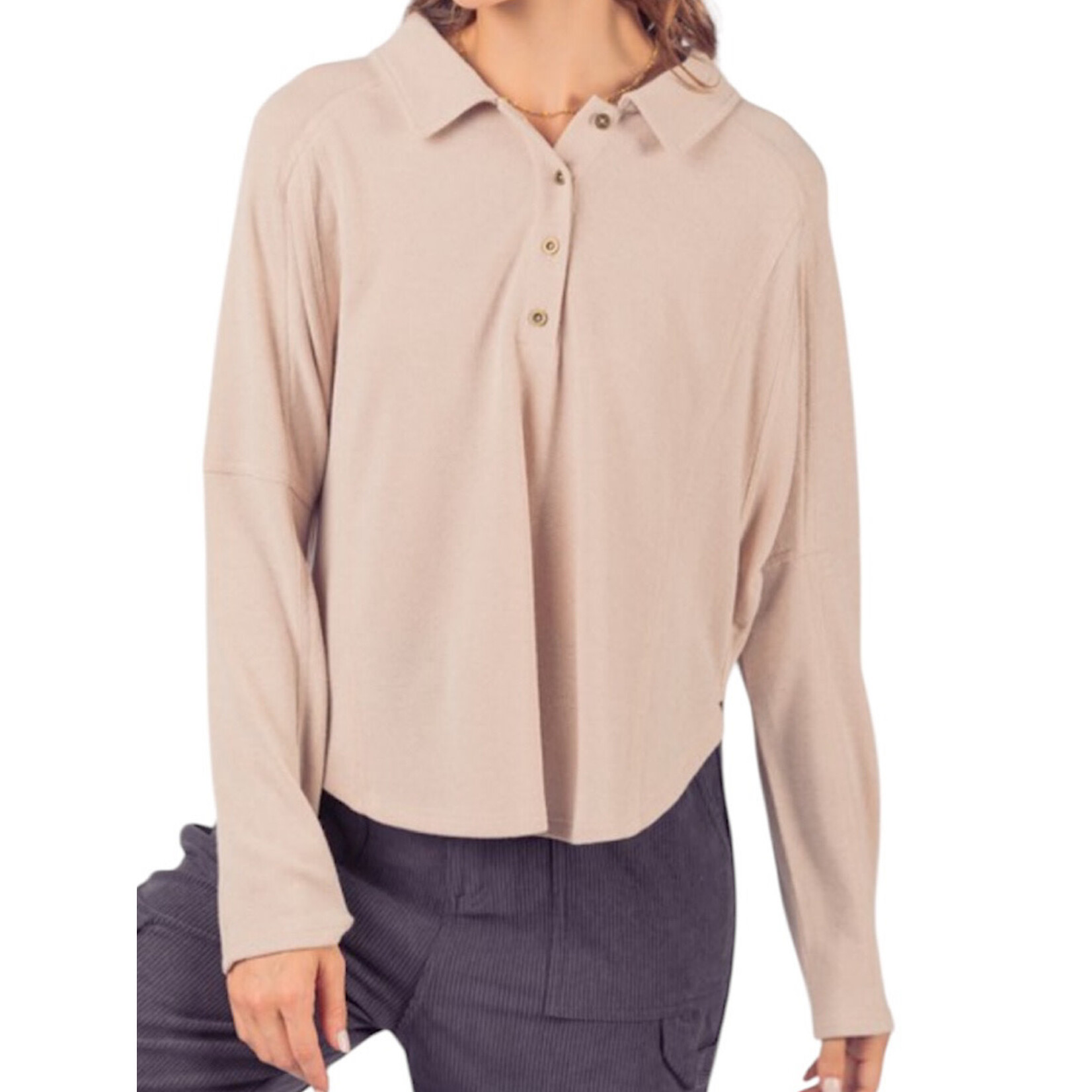 Cream Collared Neck Henley Knit Top