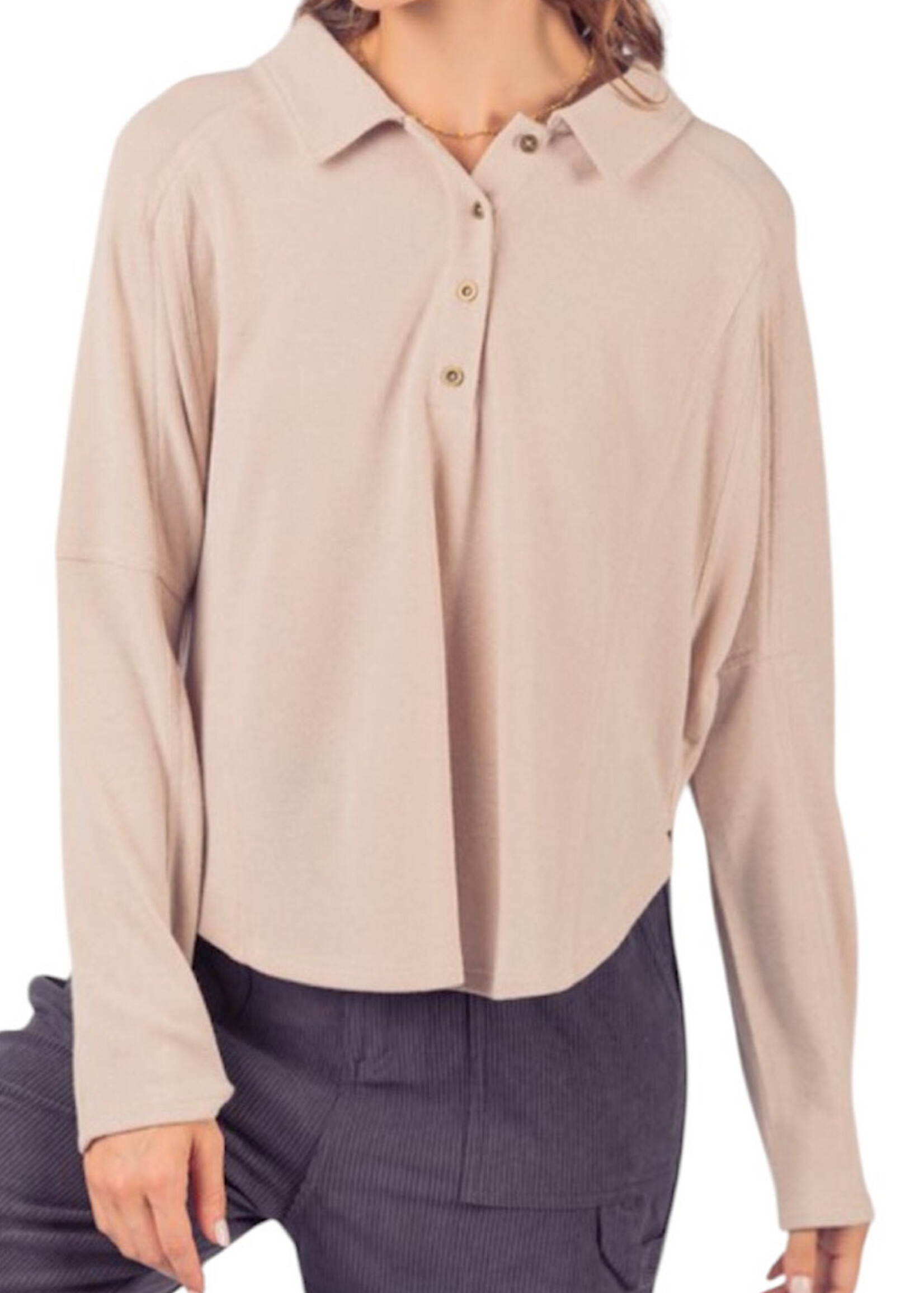 Cream Collared Neck Henley Knit Top