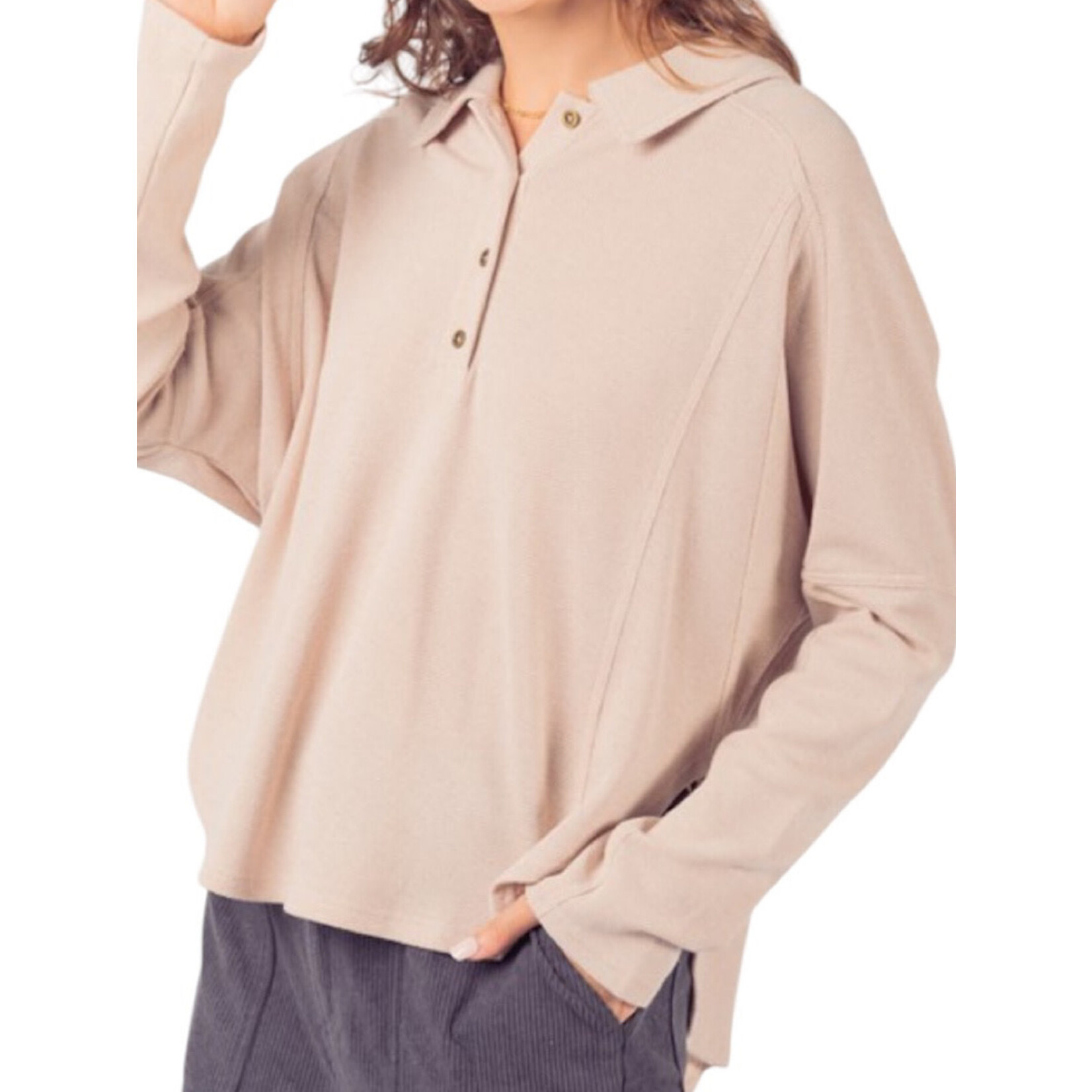 Cream Collared Neck Henley Knit Top