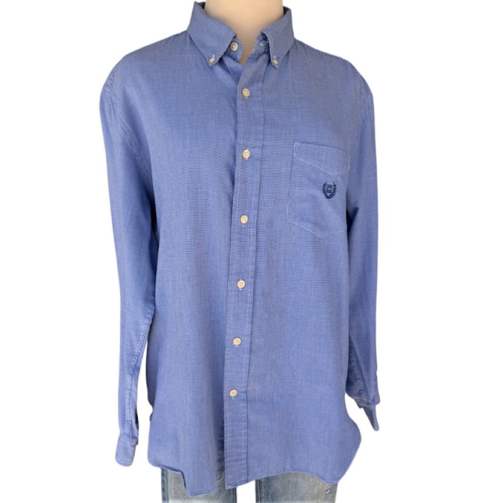 Blue Houndstooth Print Button Down Dress Shirt Size L-RF