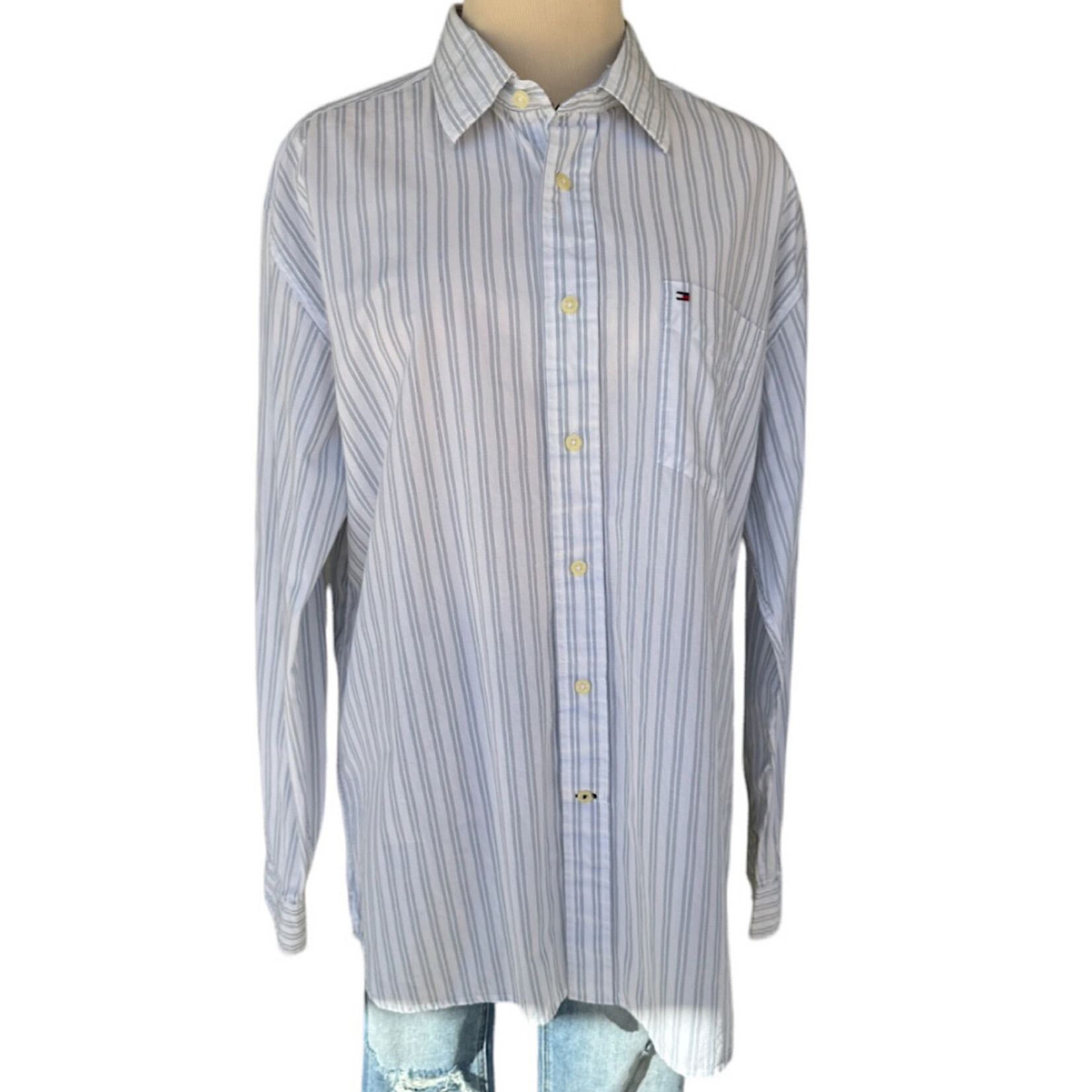 White Striped Button Down Dress Shirt Size L-RF