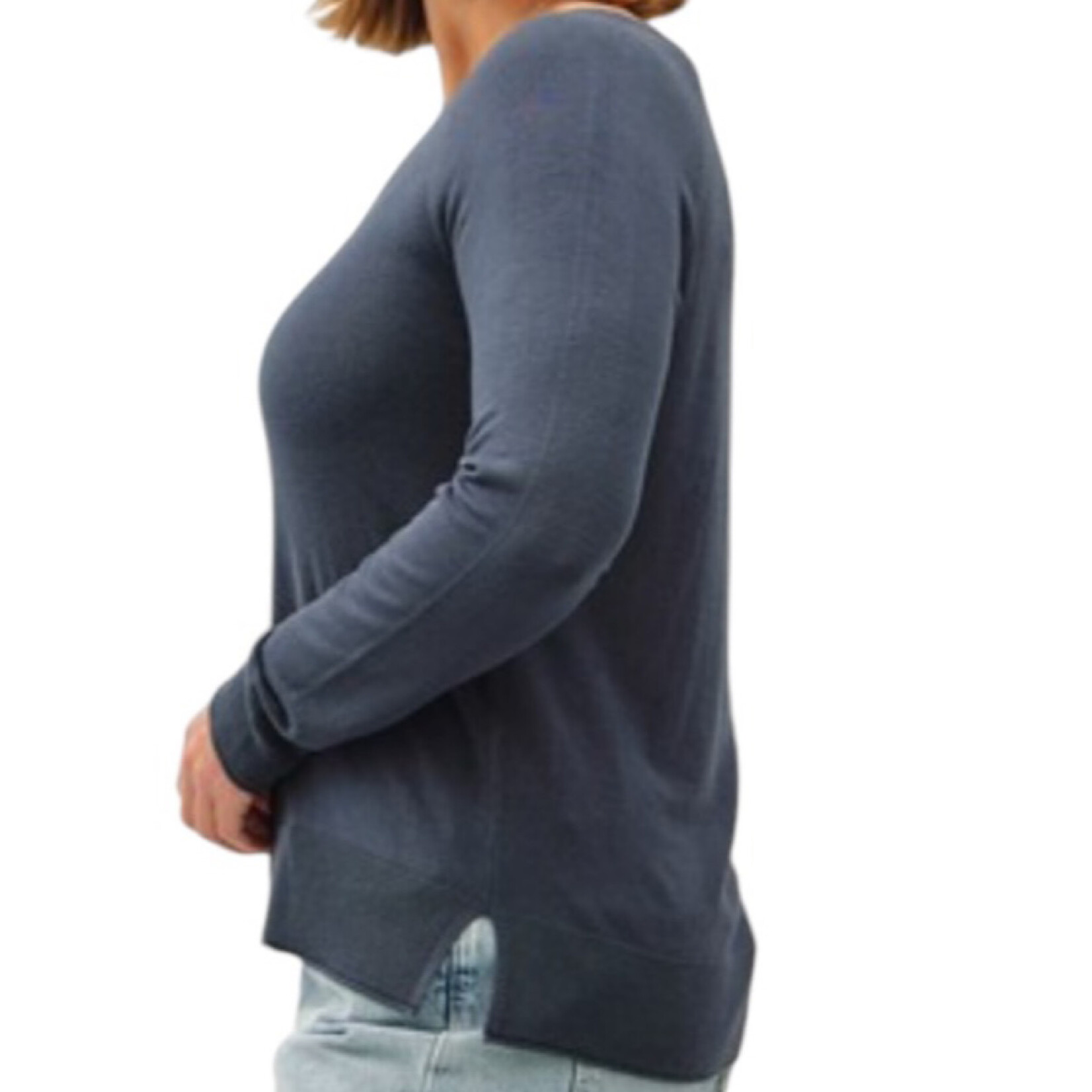 Teal Lightweight Round Neck Sweater with Side Slits