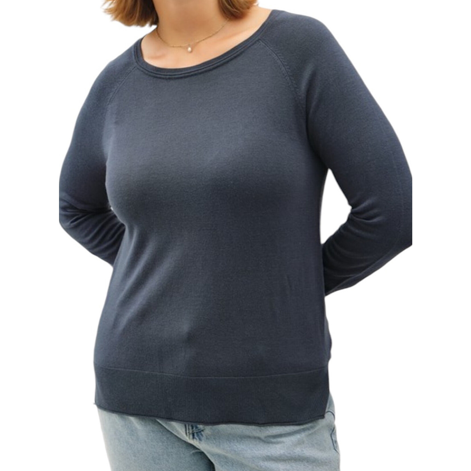 Teal Lightweight Round Neck Sweater with Side Slits