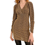 Gold V Neck Fitted Lurex Gathered Sleeve Mini Dress S