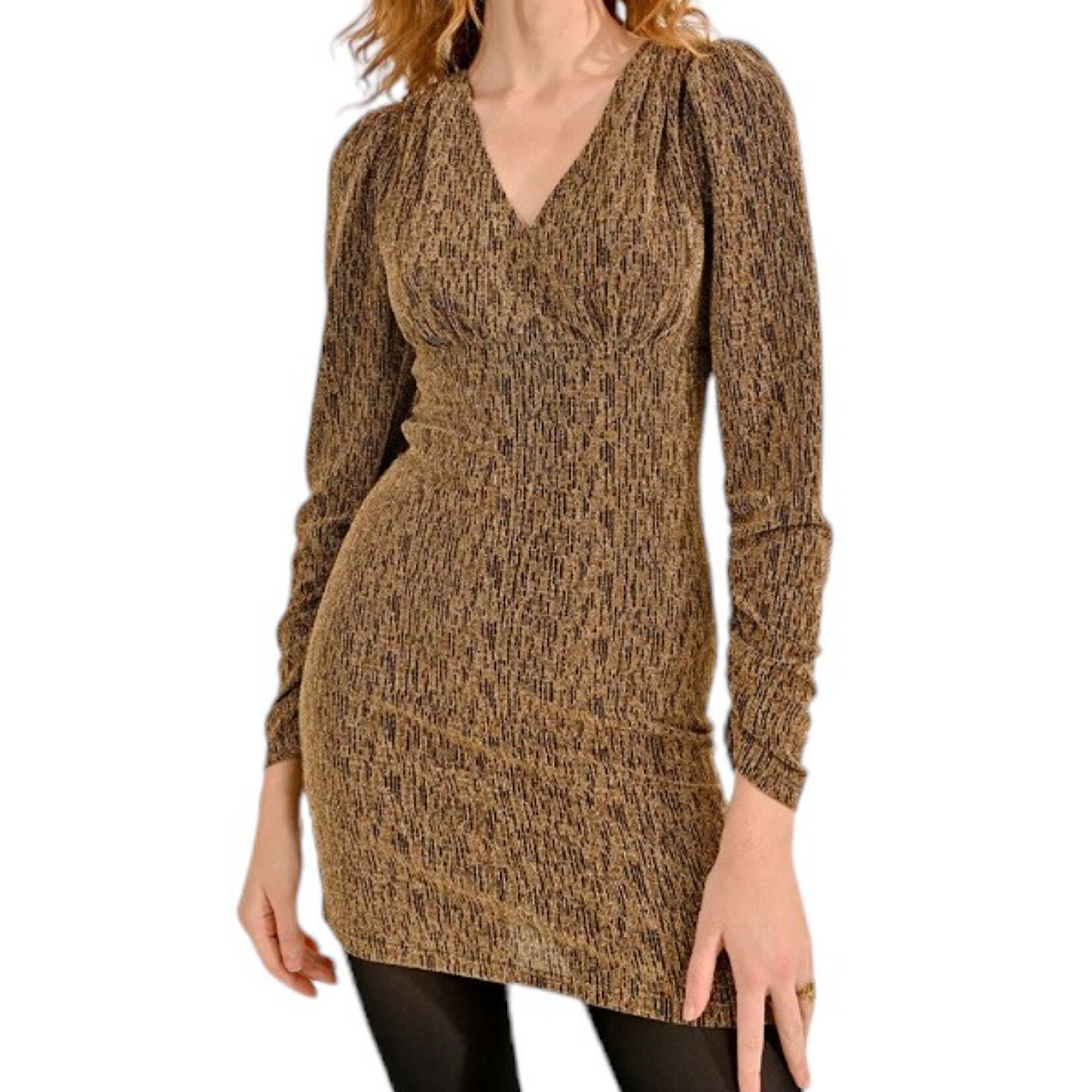 Gold V Neck Fitted Lurex Gathered Sleeve Mini Dress S