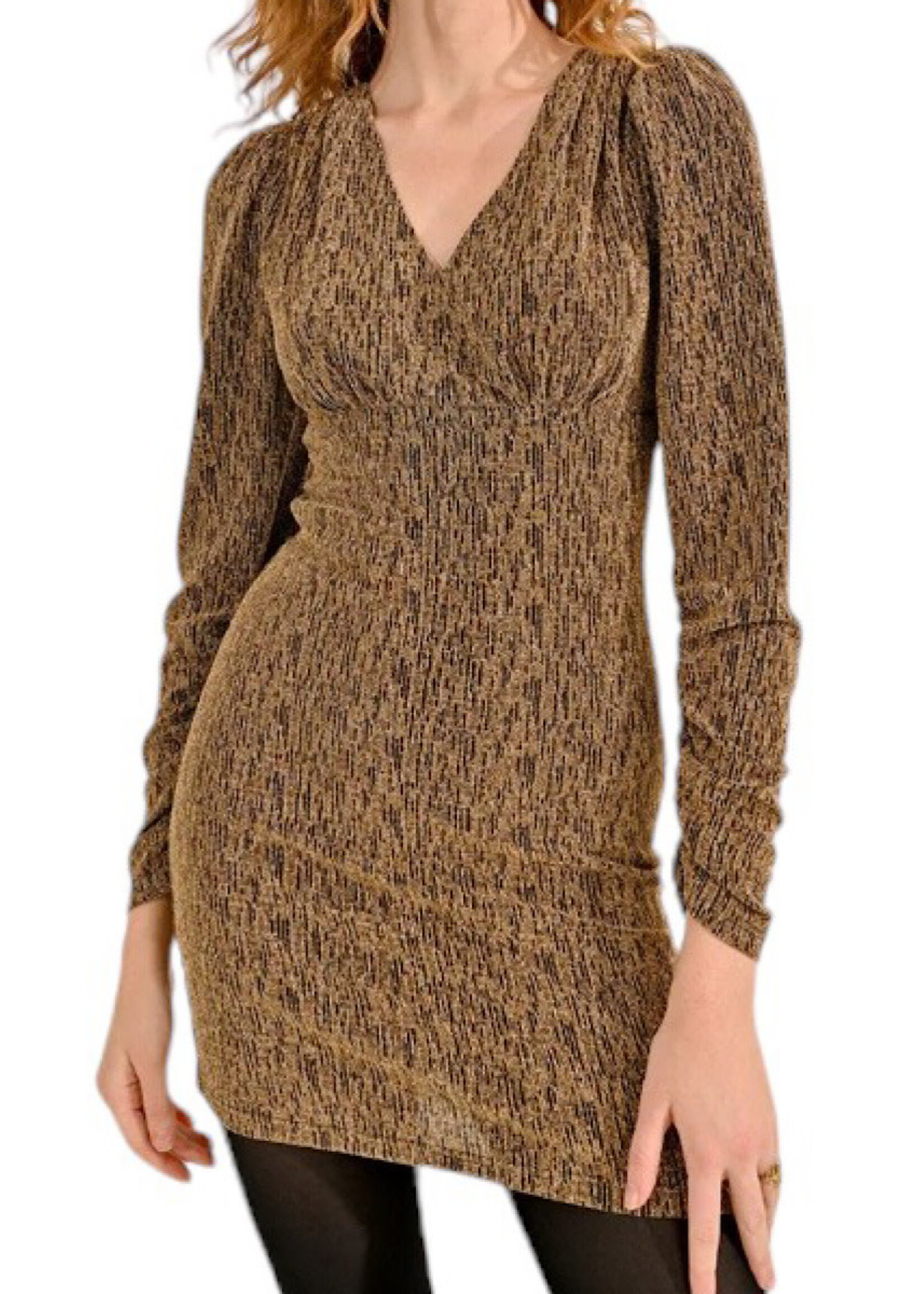 Gold V Neck Fitted Lurex Gathered Sleeve Mini Dress S