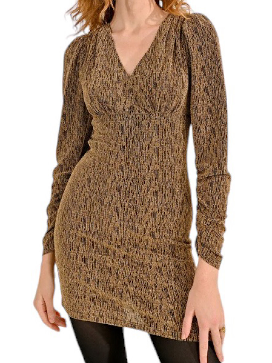 gold color dress for women Betsy & Adam Women's Metallic Crinkled Blouson-Sleeve Gown - White Pink Gold