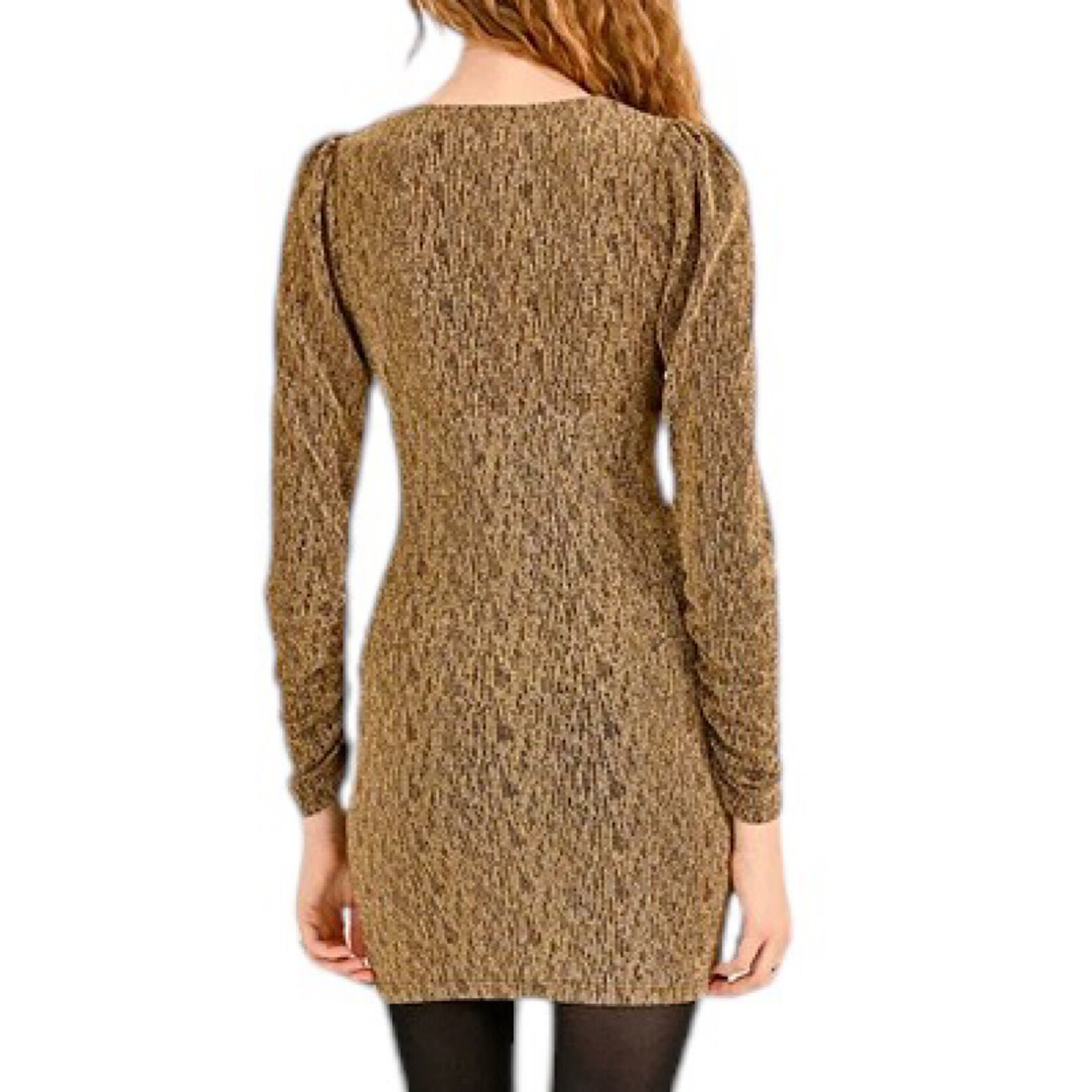 Gold V Neck Fitted Lurex Gathered Sleeve Mini Dress S