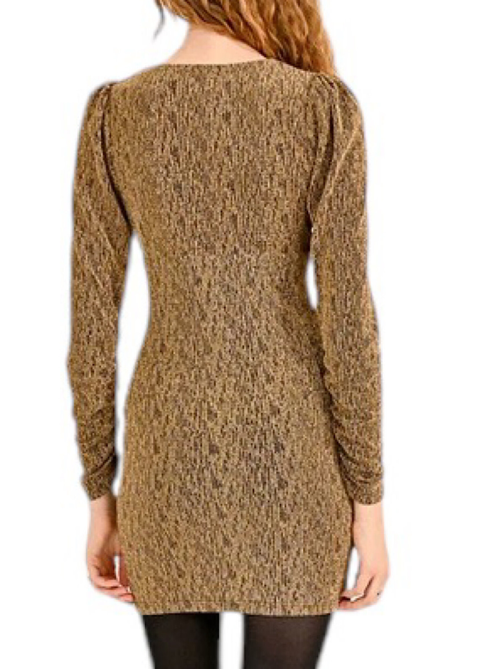 Gold V Neck Fitted Lurex Gathered Sleeve Mini Dress S
