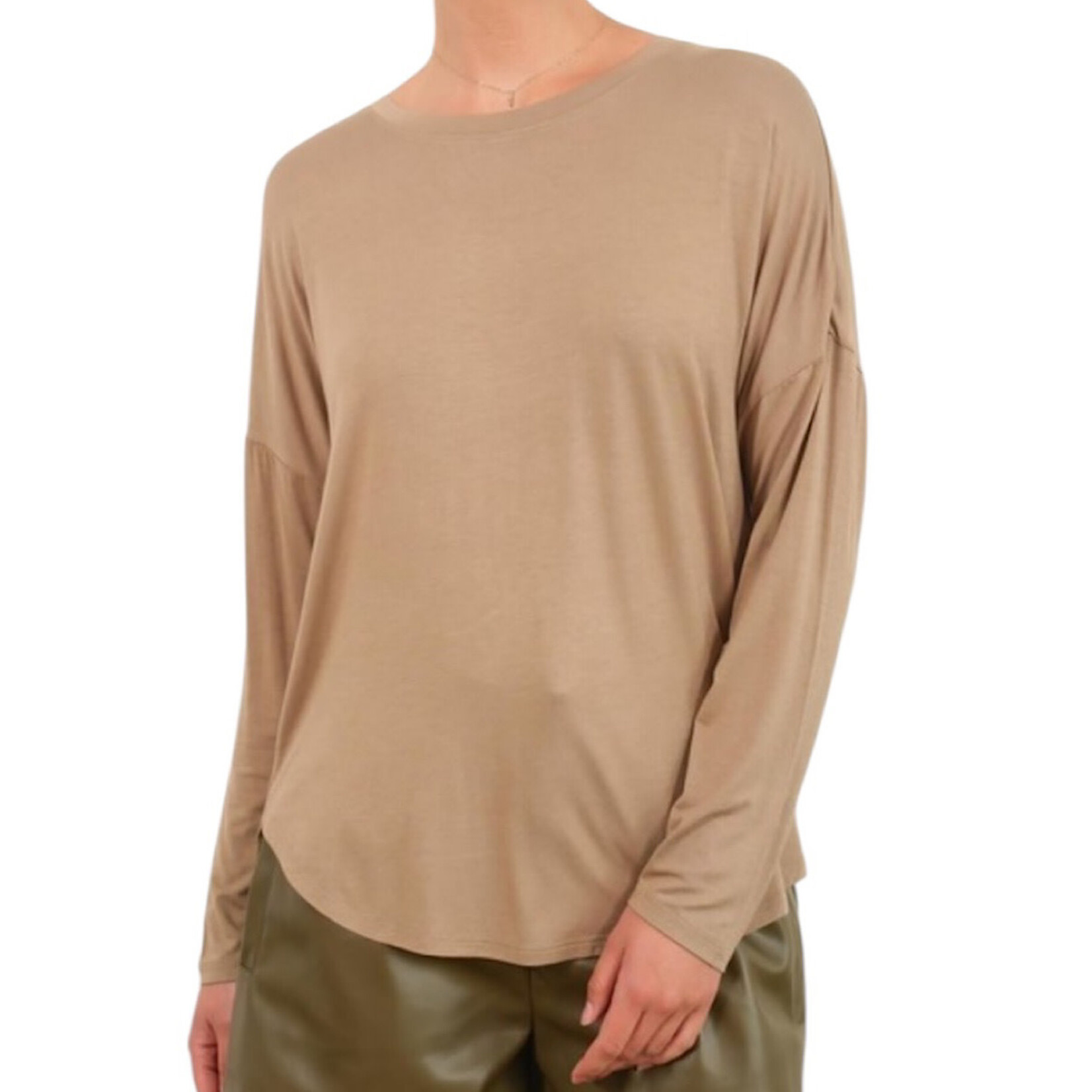 Mocha Brown Round Neck Long Sleeve Curved Hem Top