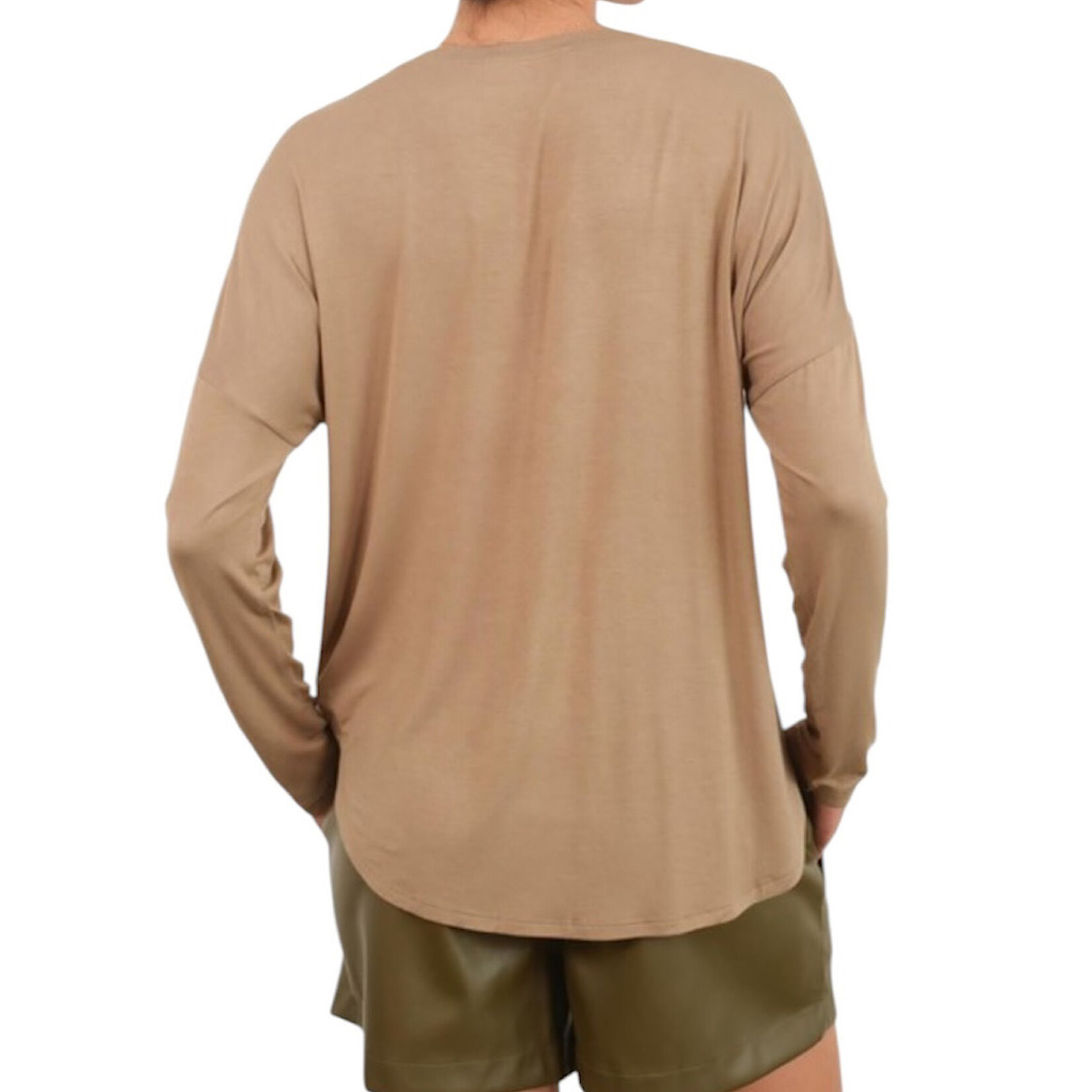 Mocha Brown Round Neck Long Sleeve Curved Hem Top